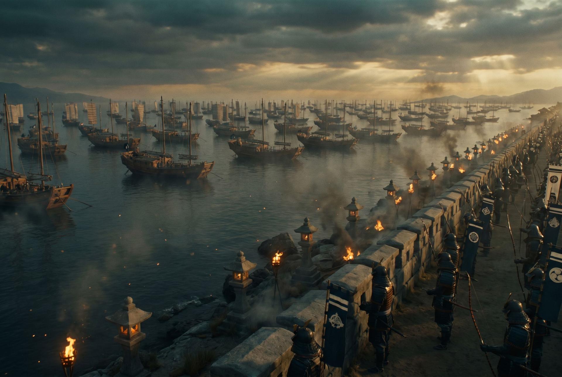 An immense medieval fleet at anchor in a bay under a clear evening sky, a long stone wall on the shore