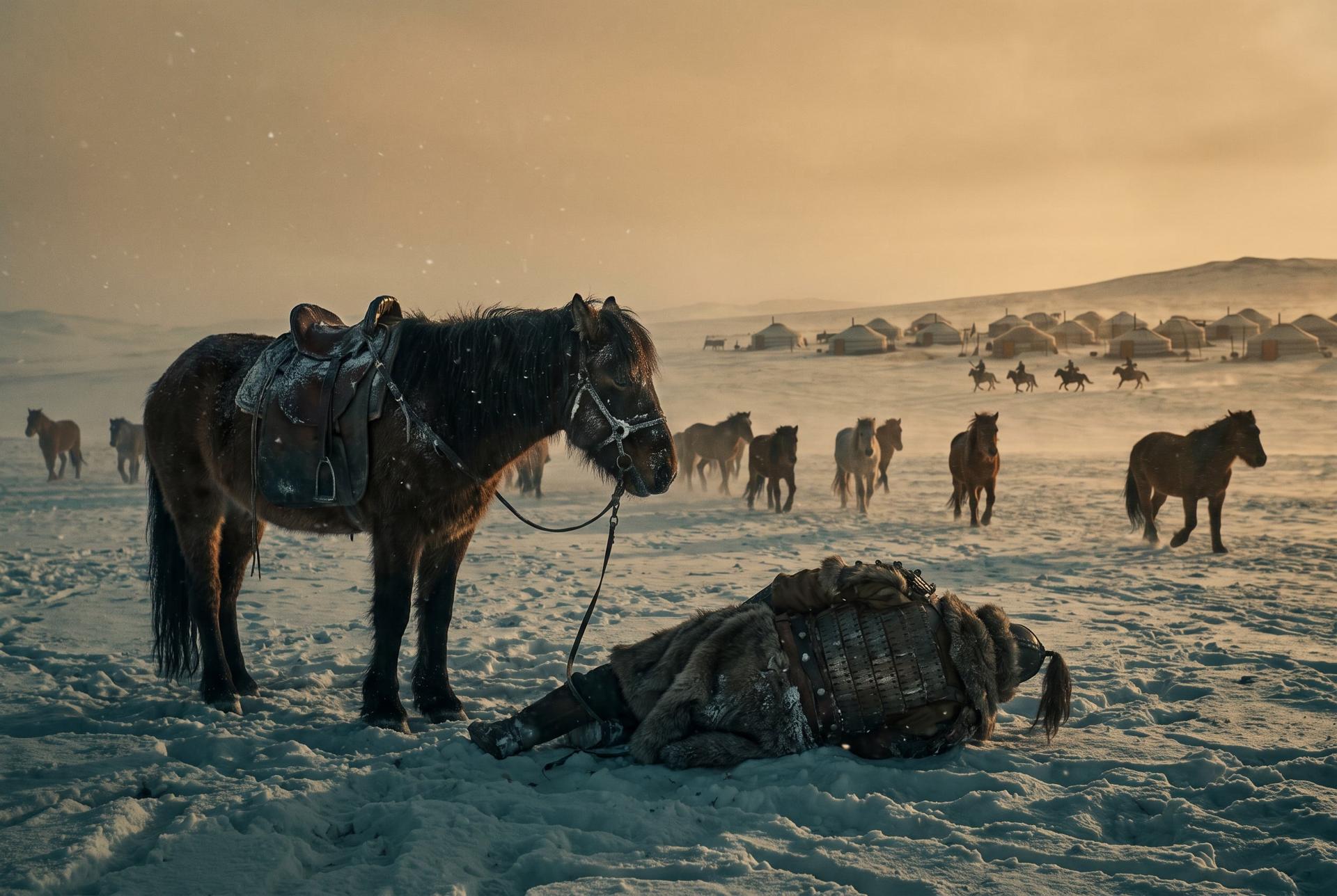 A riderless horse stands over a fallen figure on the winter steppe as riders race in from the horizon, 1226