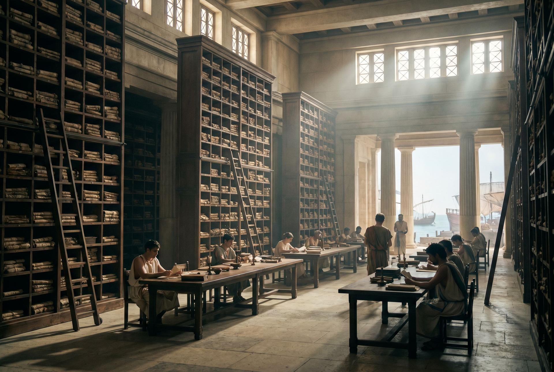 The Great Library at its height: cliffs of scroll racks, scholars at long tables