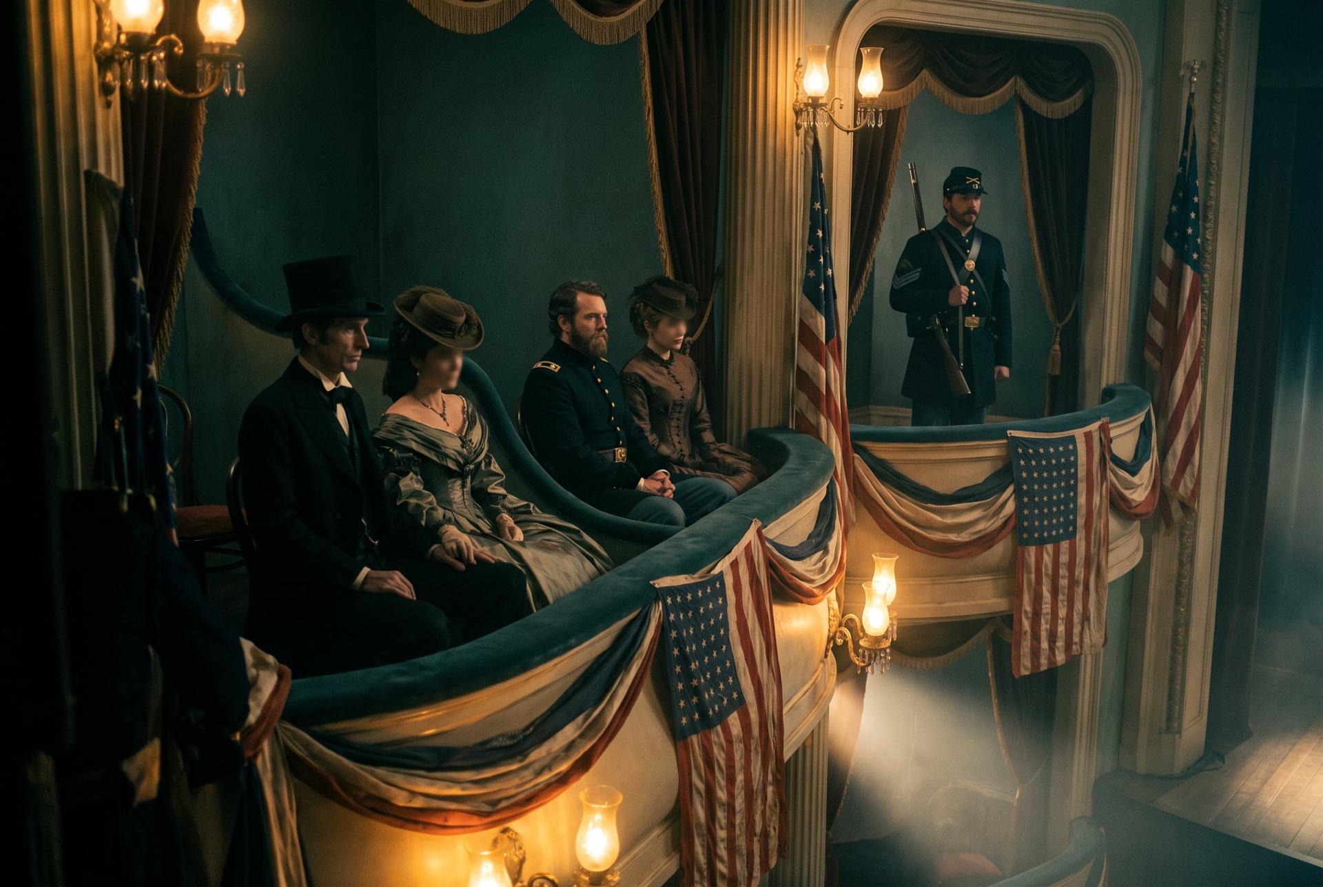 A theatre box draped with flags holds two couples in lamplight as a soldier stands post at the door, 1865