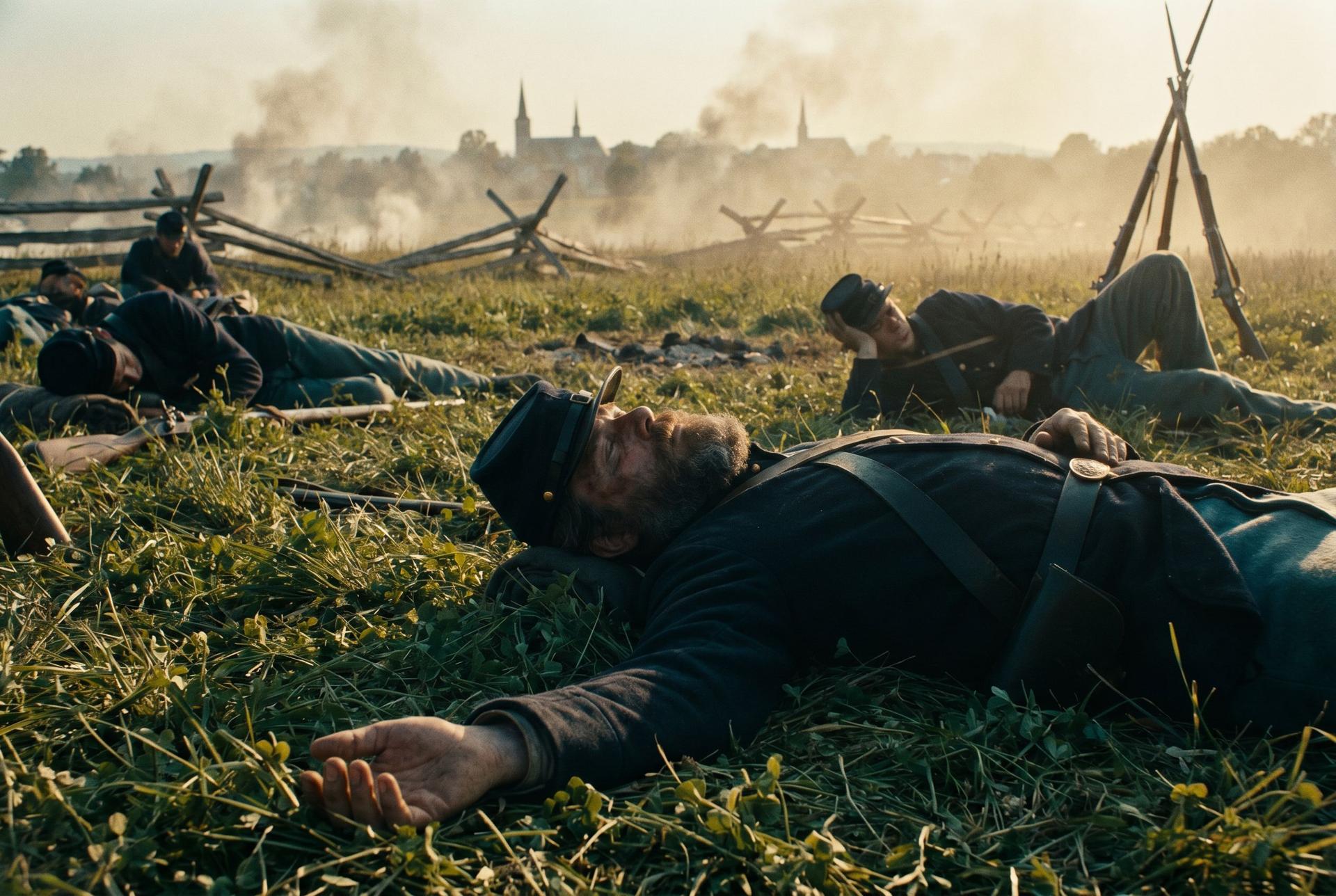 Union soldiers resting in a sunlit clover meadow, one corporal’s open hand in the empty grass
