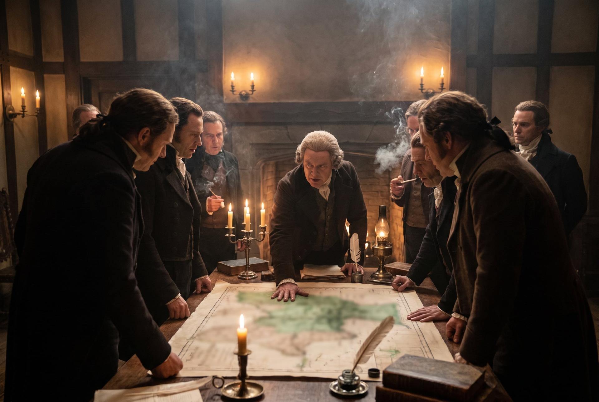Senators debate by candlelight over a great map of the Mississippi watershed, 1803