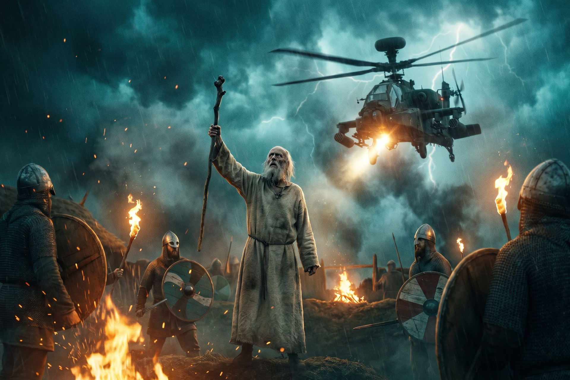 Merlin raises his staff on a hillfort rampart as a helicopter descends from the storm