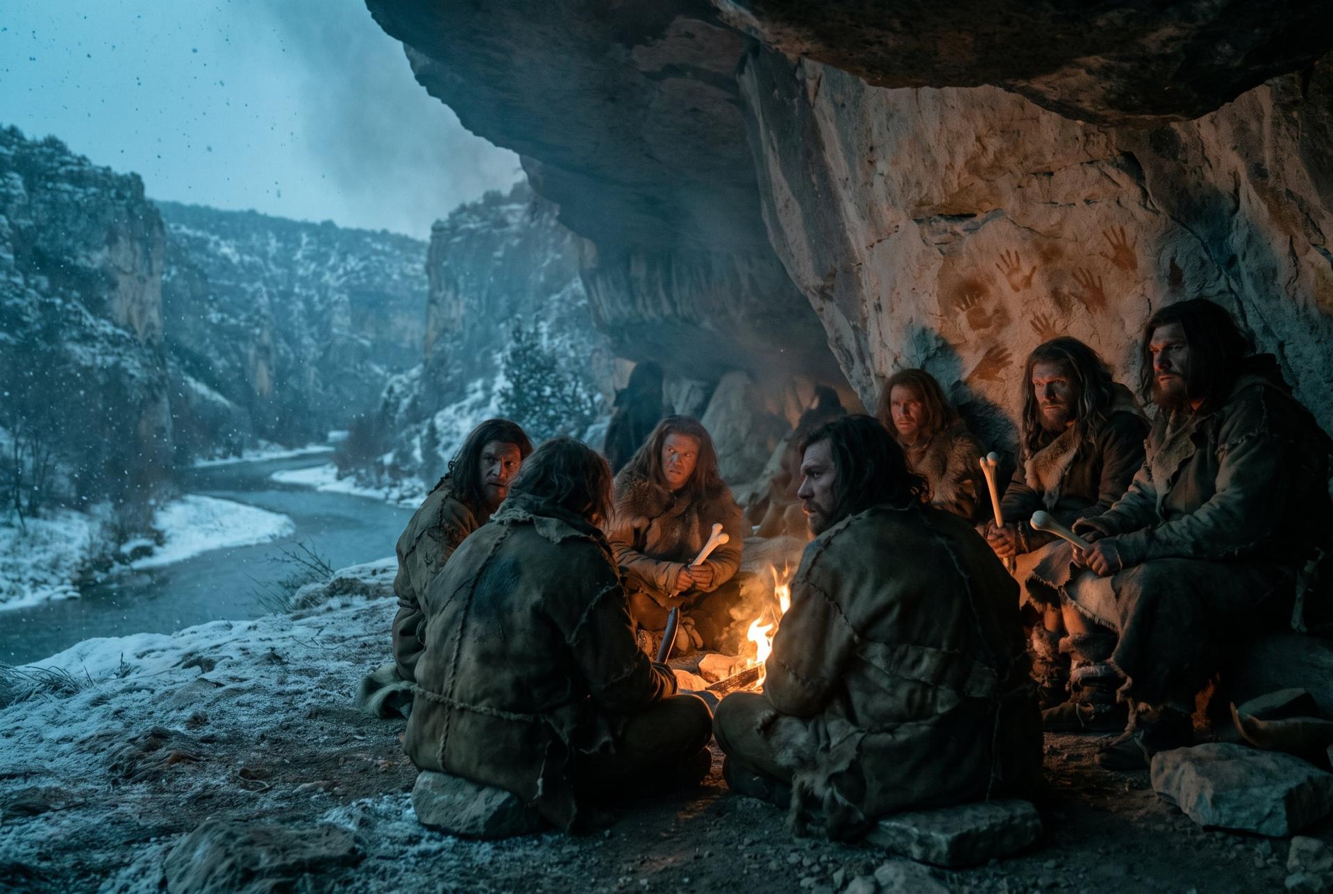 A small band shelters around a hearth in a river gorge at dusk in the ice age, firelight on limestone
