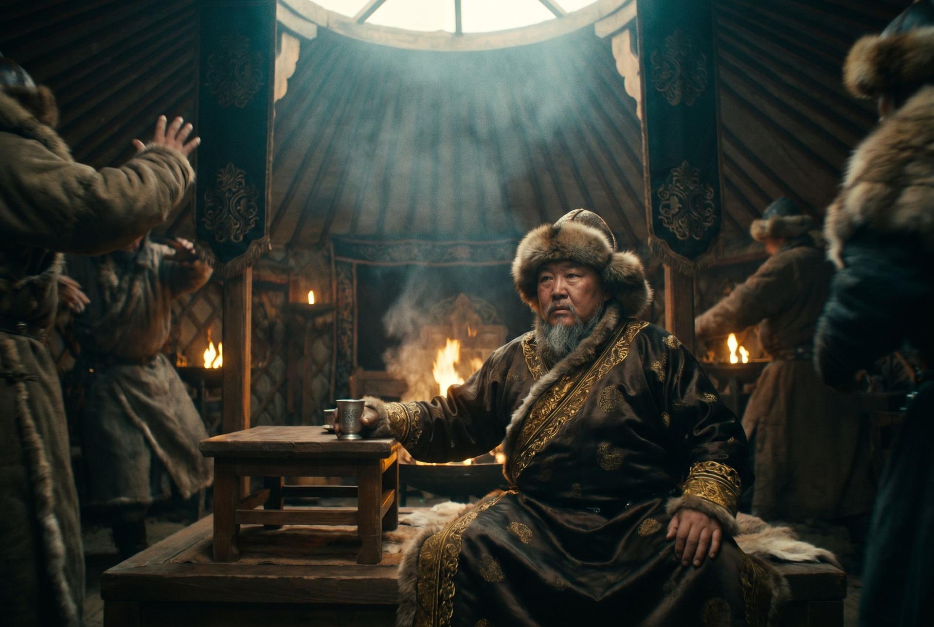The Great Khan setting down a silver cup in a firelit ger, courtiers frozen