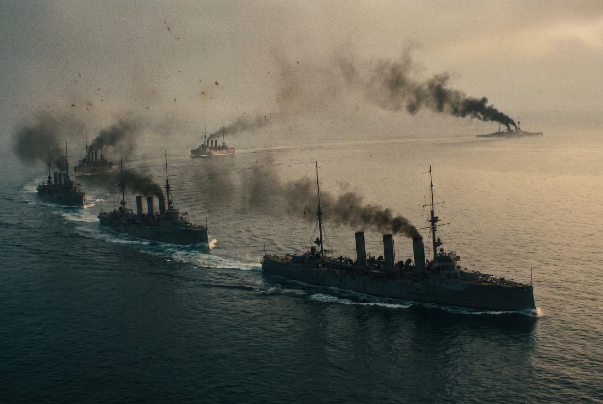 British armored cruisers turn through dawn haze toward the distant smoke of a fleeing German battlecruiser, 1914