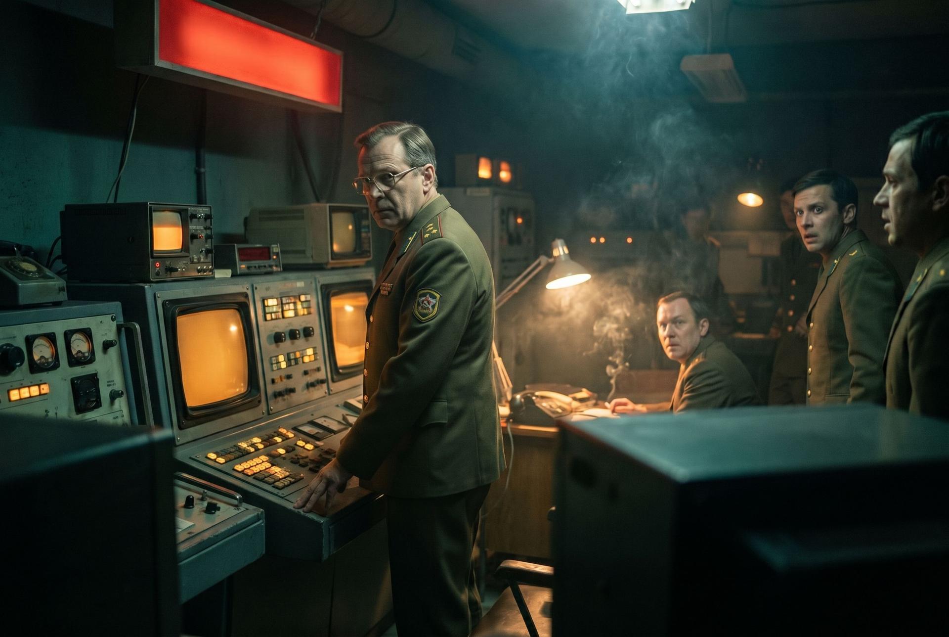 A duty officer frozen at an amber console as the alarm banner glows, Serpukhov-15, 1983