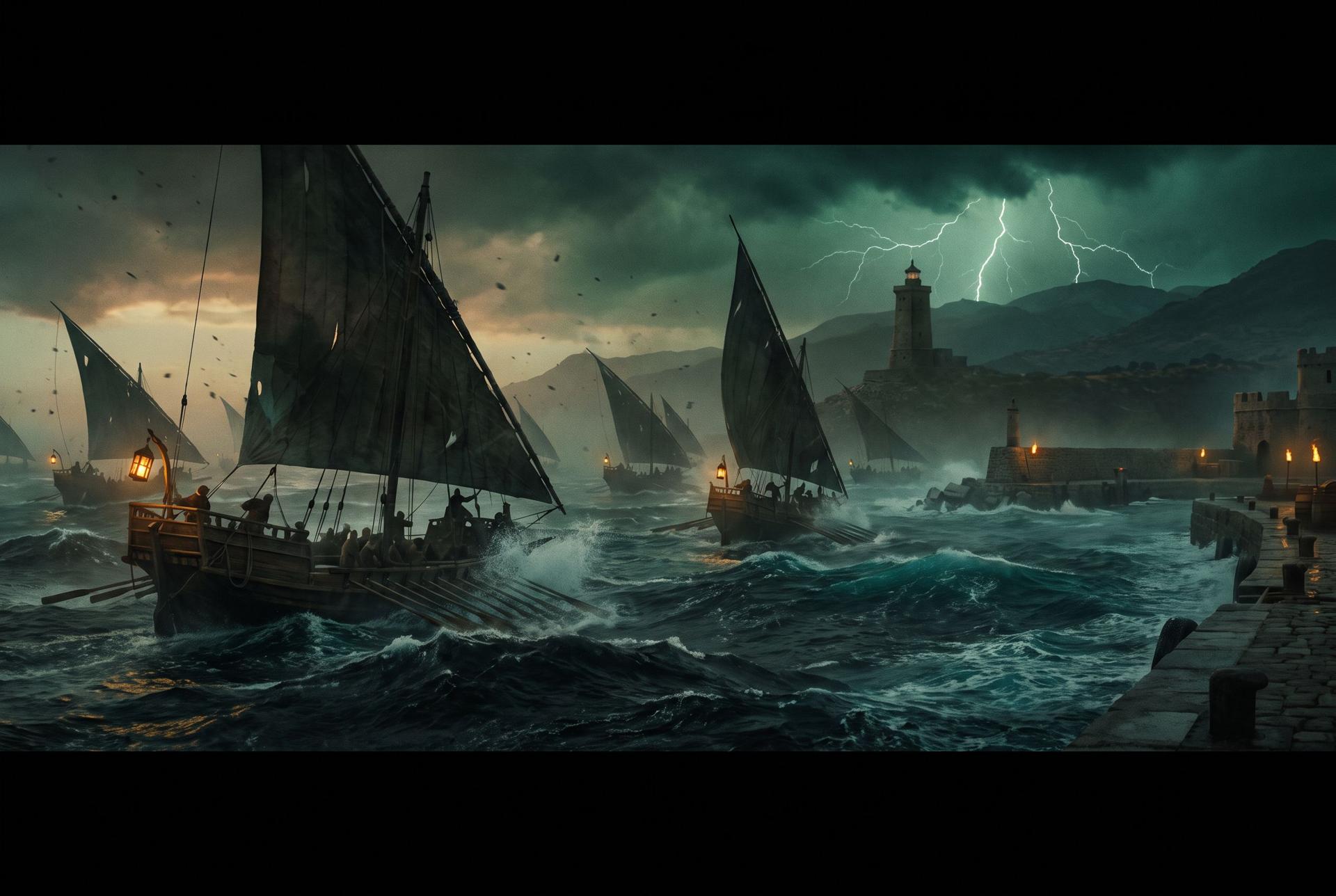 Twelve medieval galleys laboring toward a stone harbor mole through a black autumn storm at dusk