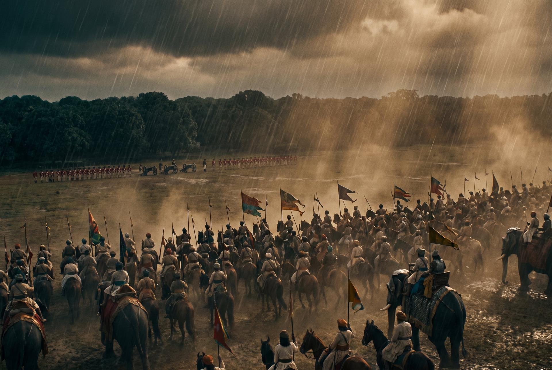 Massed cavalry under monsoon clouds face a small line of redcoats in a mango grove, Bengal 1757