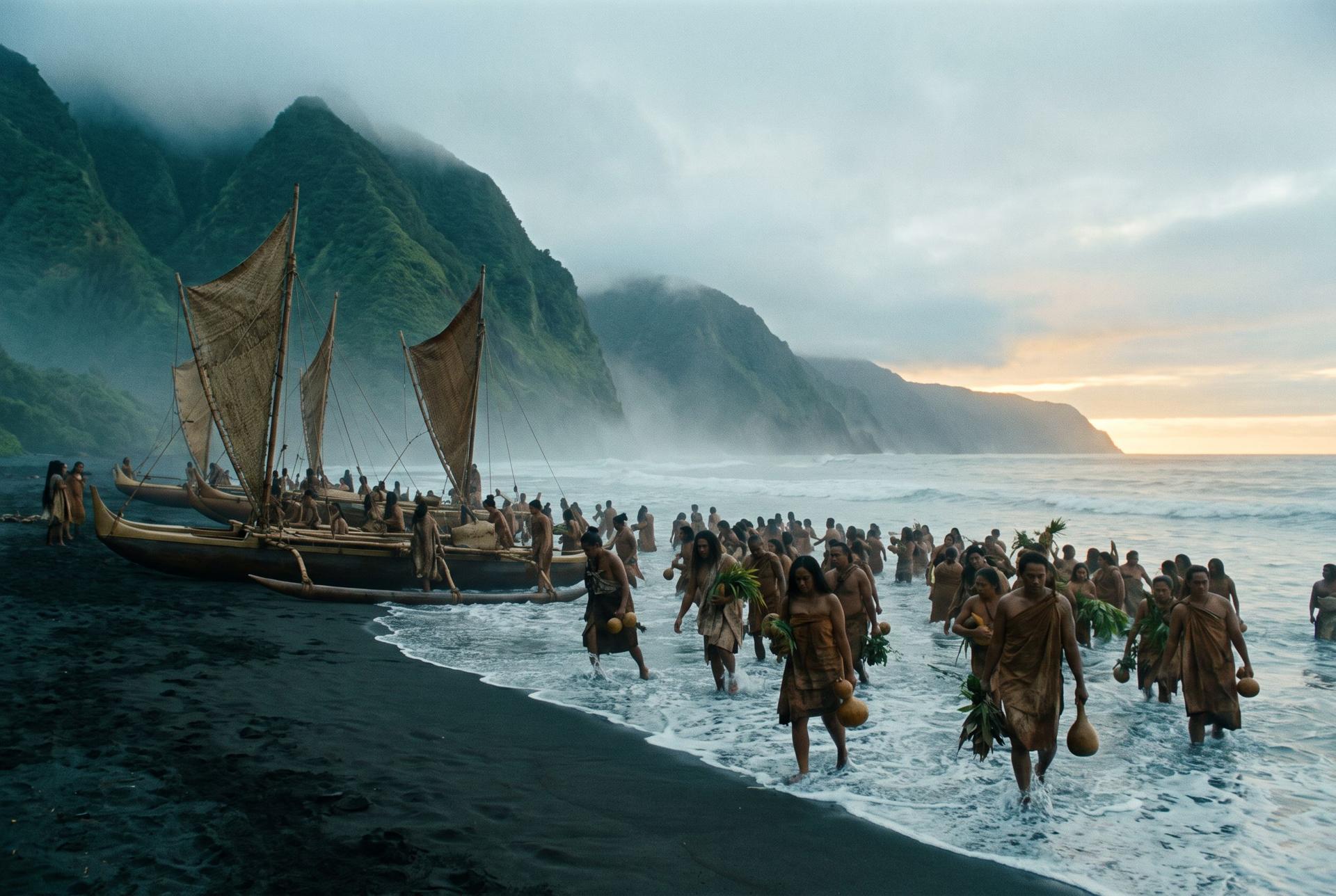 A fleet of Polynesian double-hulled voyaging canoes runs onto a gray American beach below green mountains at dawn