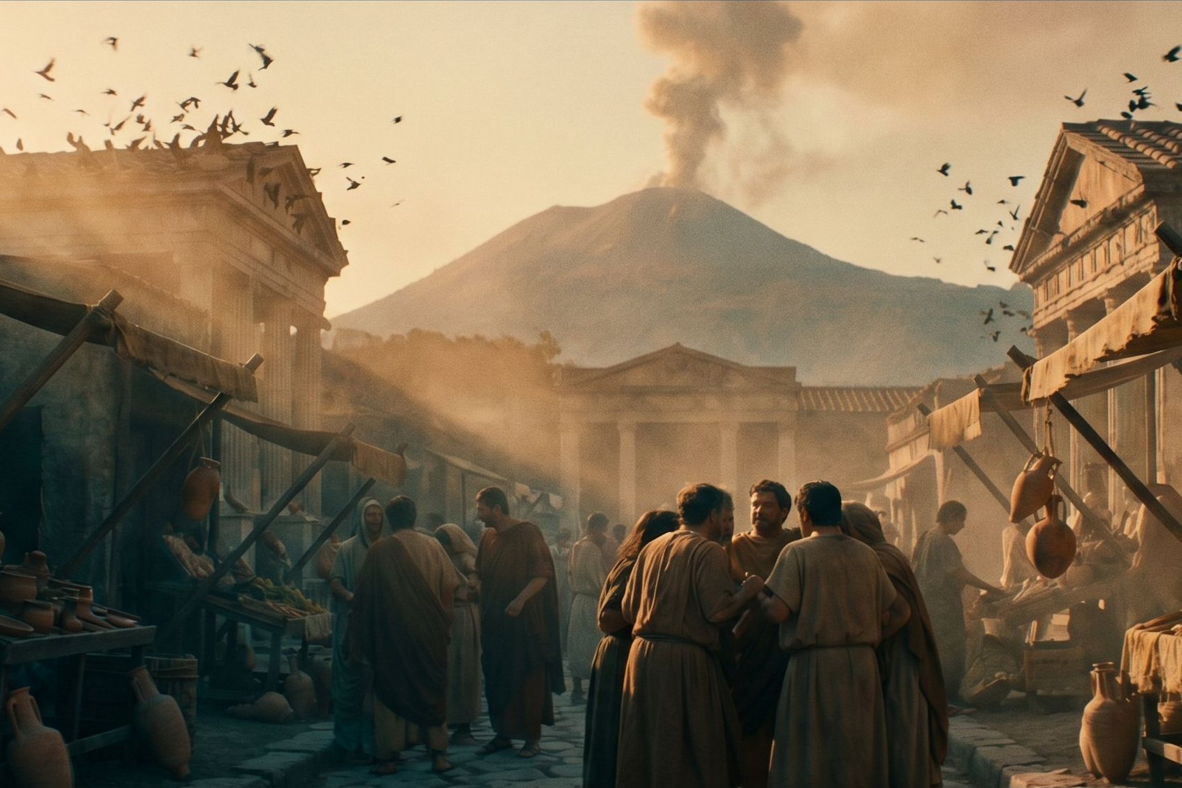 The forum of Pompeii shaking, birds bursting from the temple roofs, Vesuvius smoking beyond