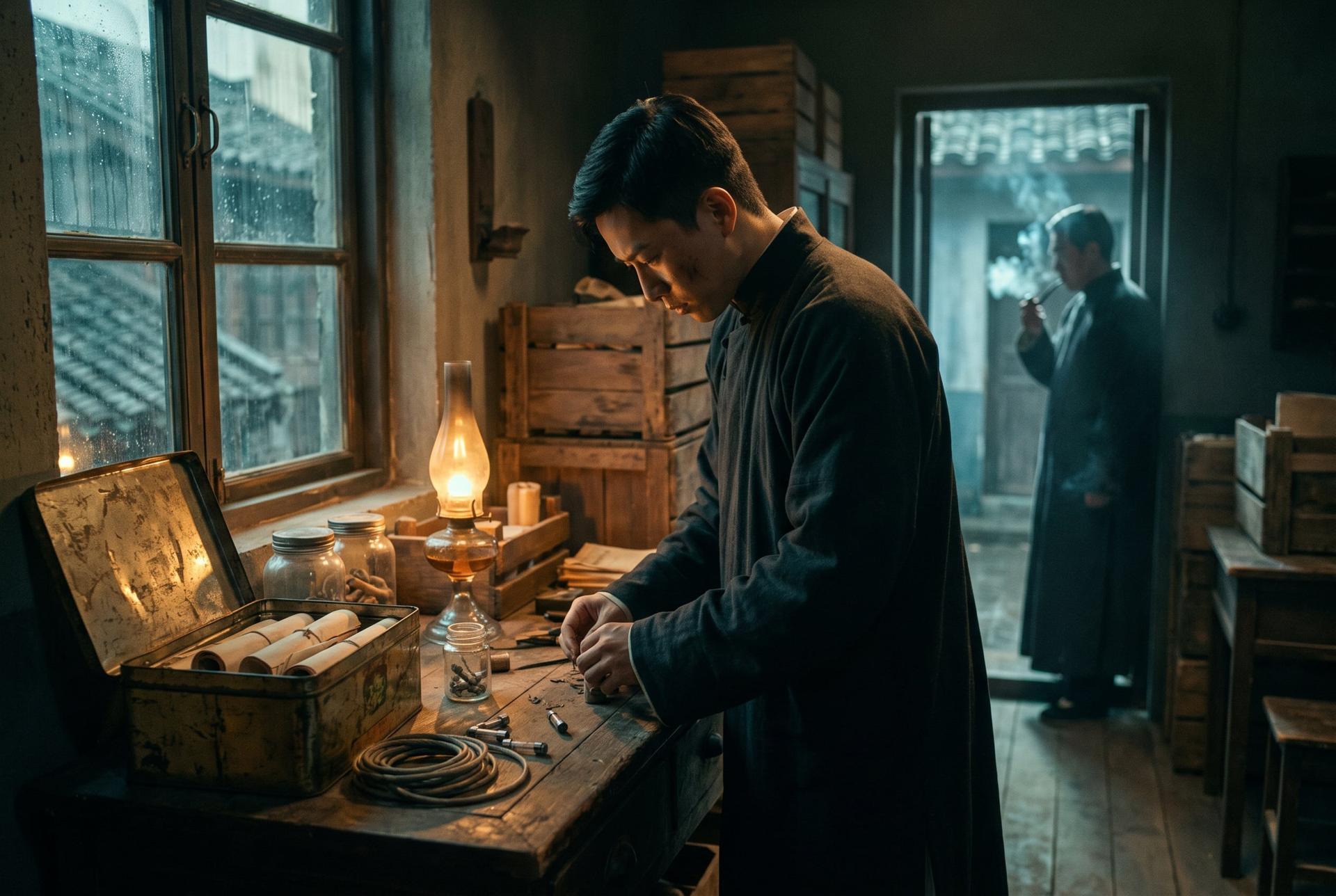 A cluttered safe house room with crates and papers by lamplight, rain on the window, Hankou 1911