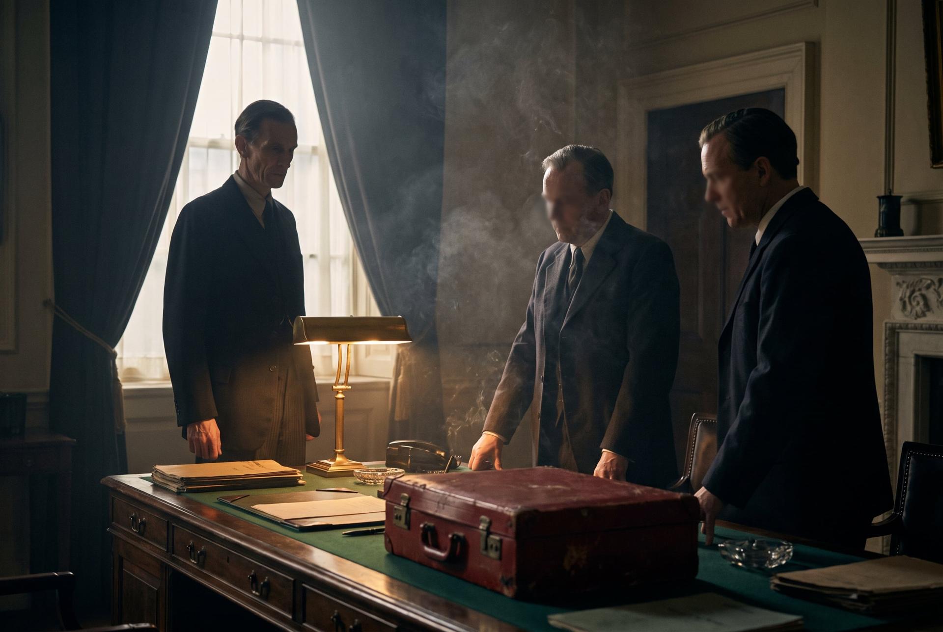 Three men confer in a dim Downing Street cabinet room, red dispatch box on the table, 1940