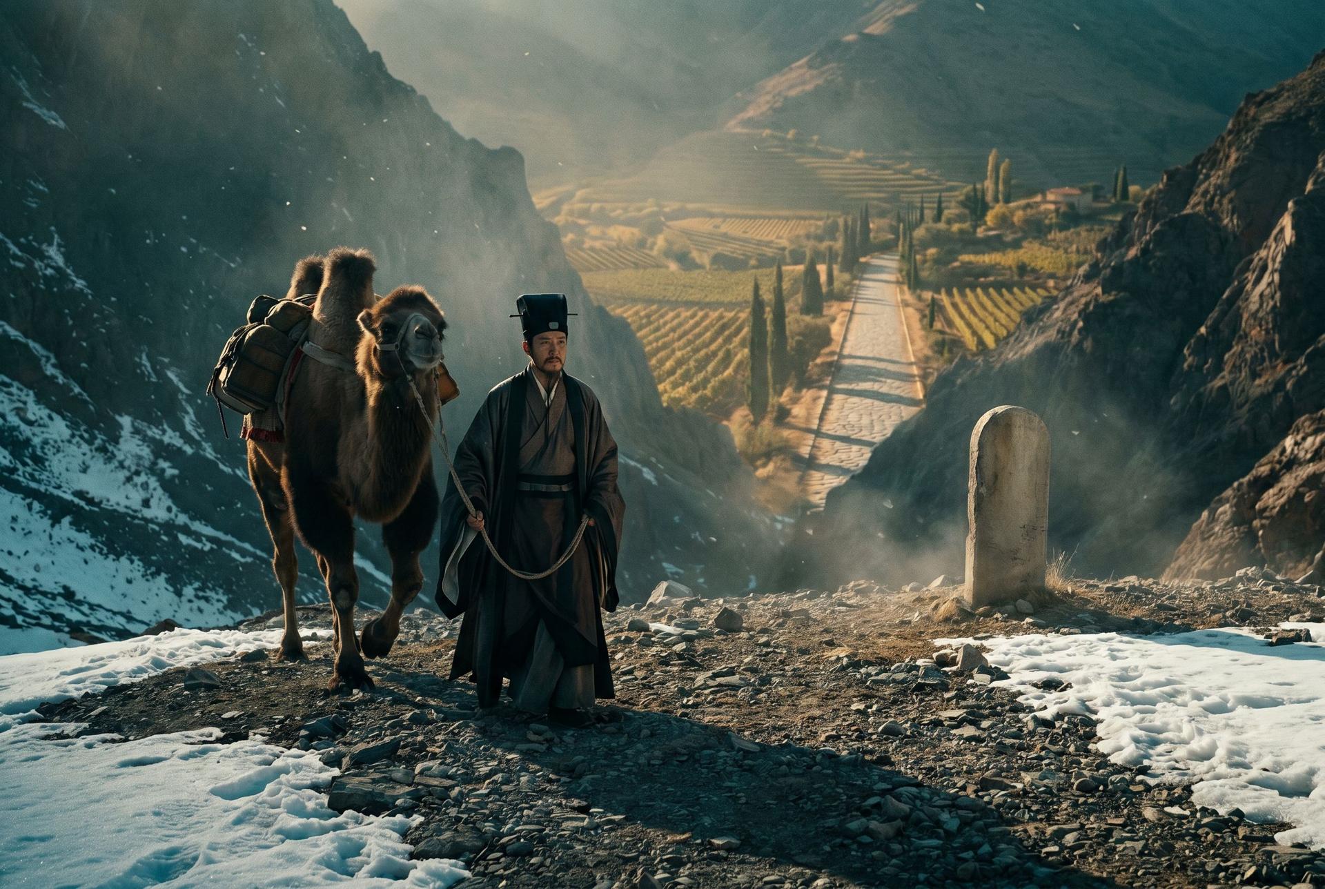 A Han envoy with a camel at the crest of a snowy mountain pass, looking down on terraced vineyards and a straight Roman road