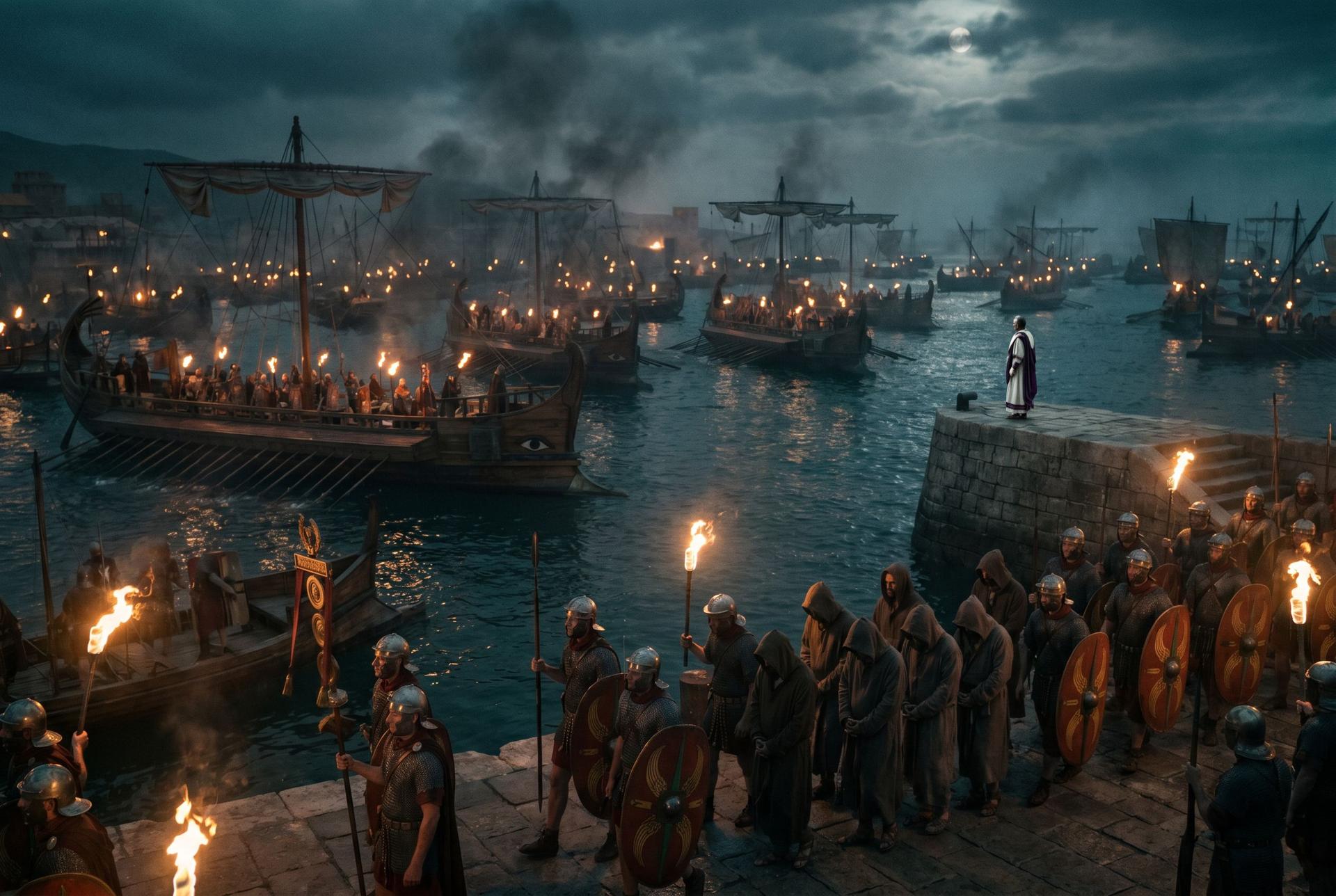 The Roman fleet safe at anchor in Cartagena harbor by torchlight, AD 460