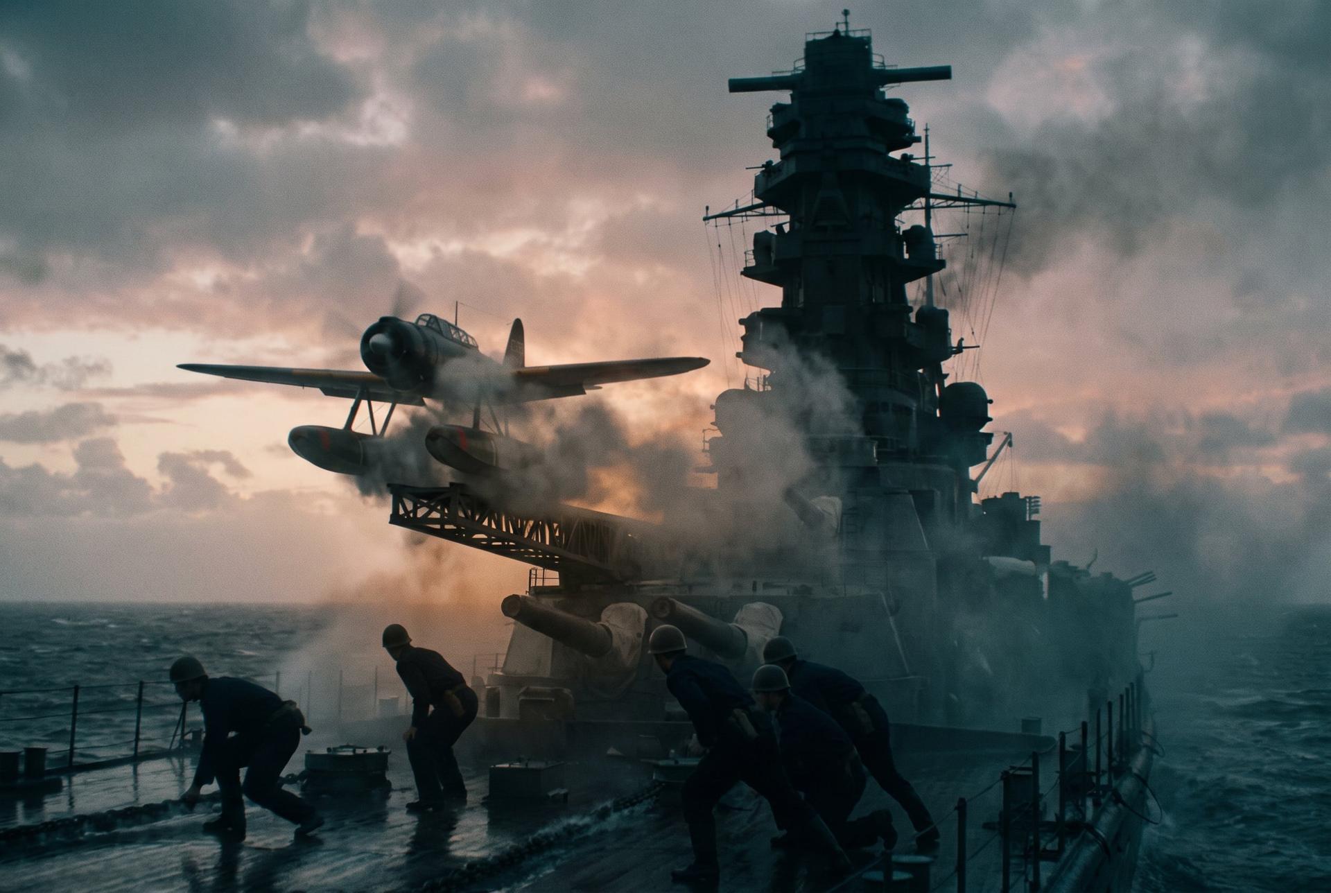 A Japanese floatplane fires off a cruiser catapult into a grey Pacific dawn, 1942