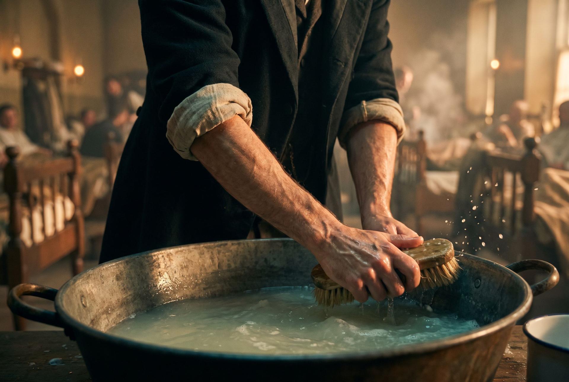 A surgeon scrubs his hands in a basin of chlorinated lime at the door of an 1847 Vienna maternity ward