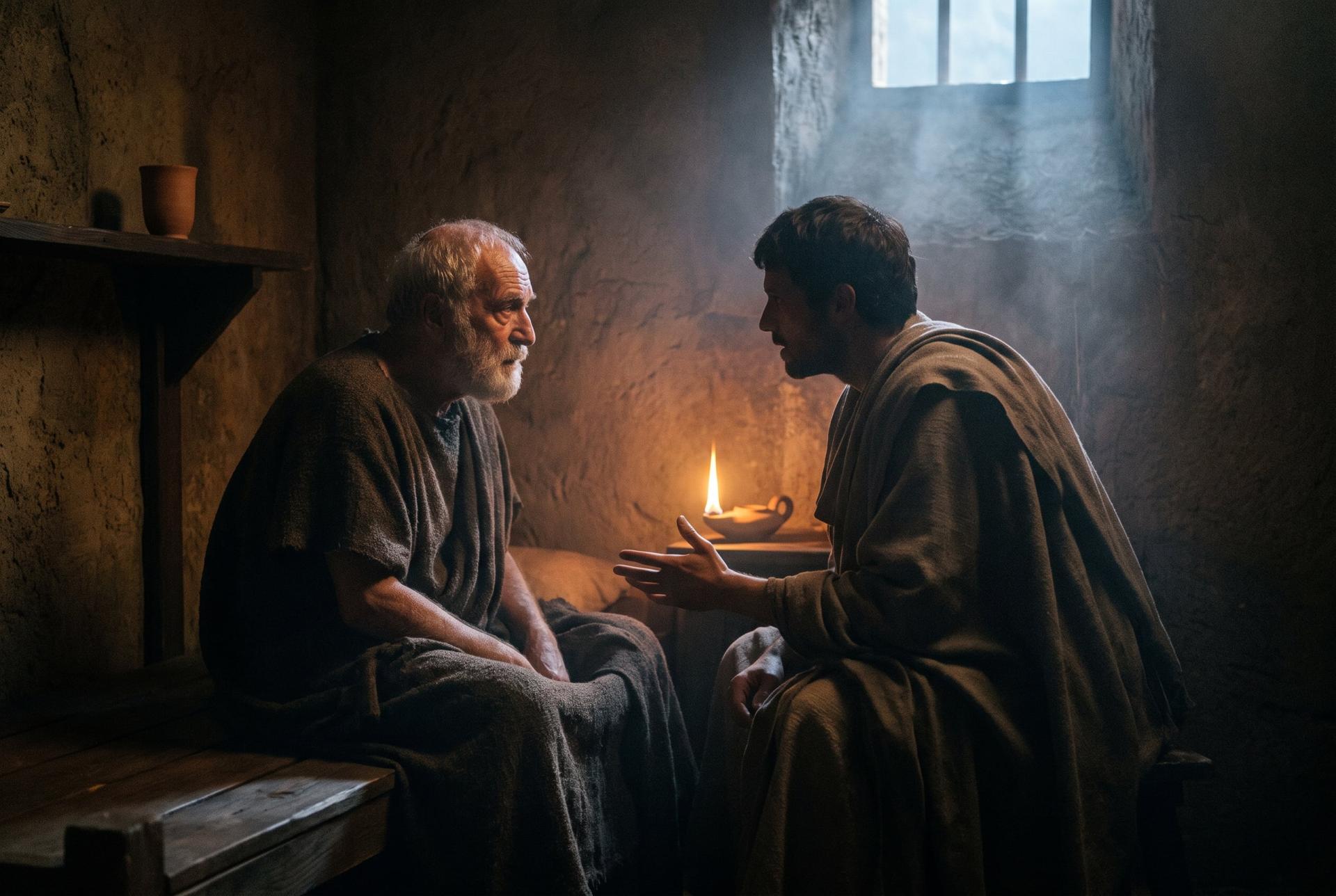An old man and a younger friend confer by lamplight in a stone cell before dawn, Athens 399 BC