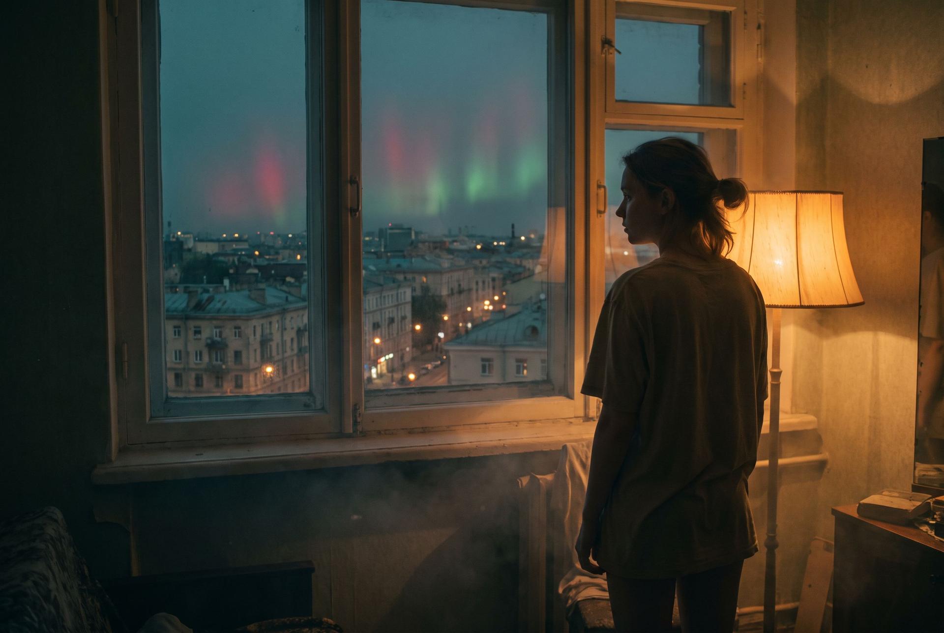 A woman at a high window at dusk, a faint red aurora spreading over a lit city, July 2012