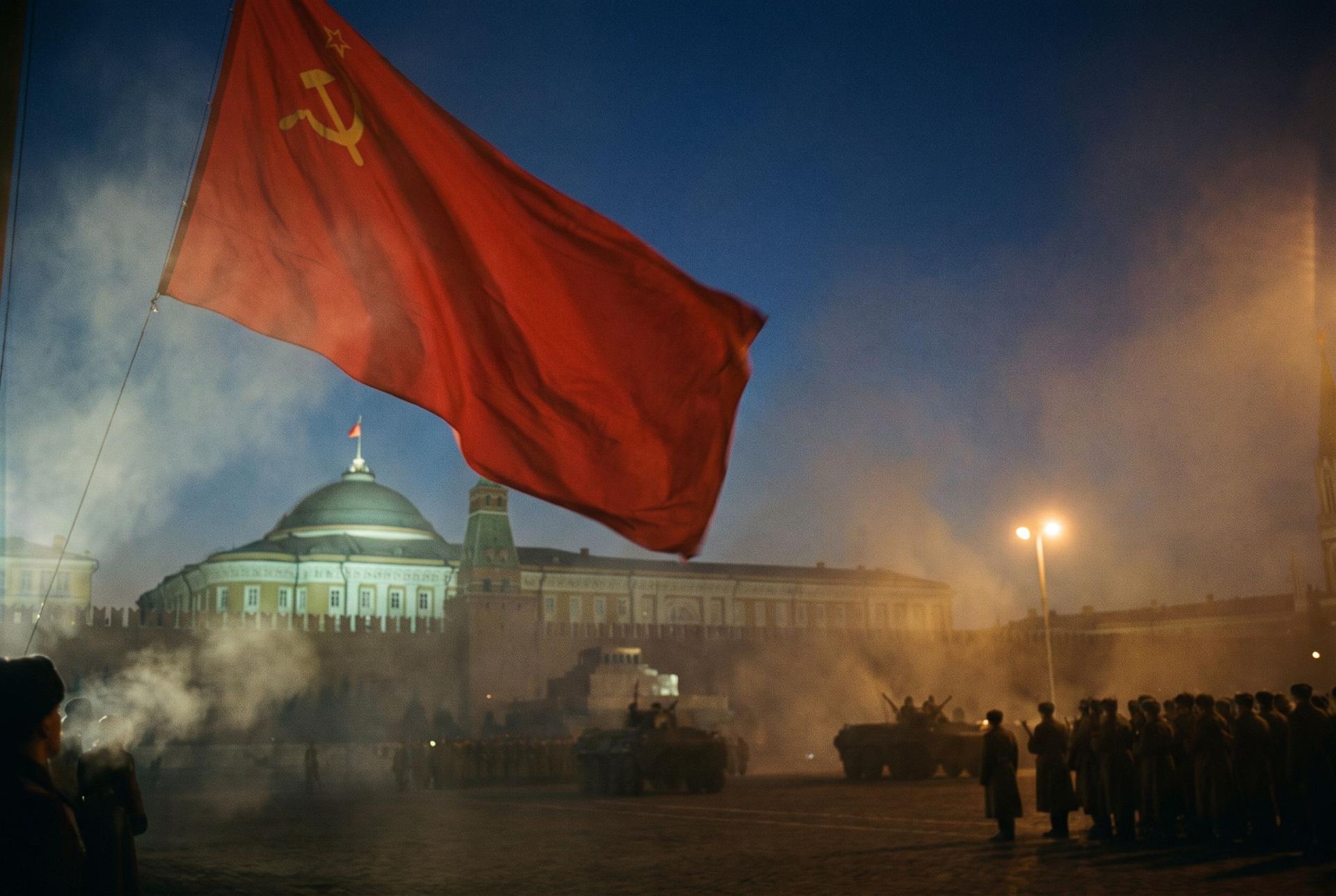 A huge red Soviet flag hangs still above the floodlit Kremlin dome before dawn, tanks massed below, August 1991