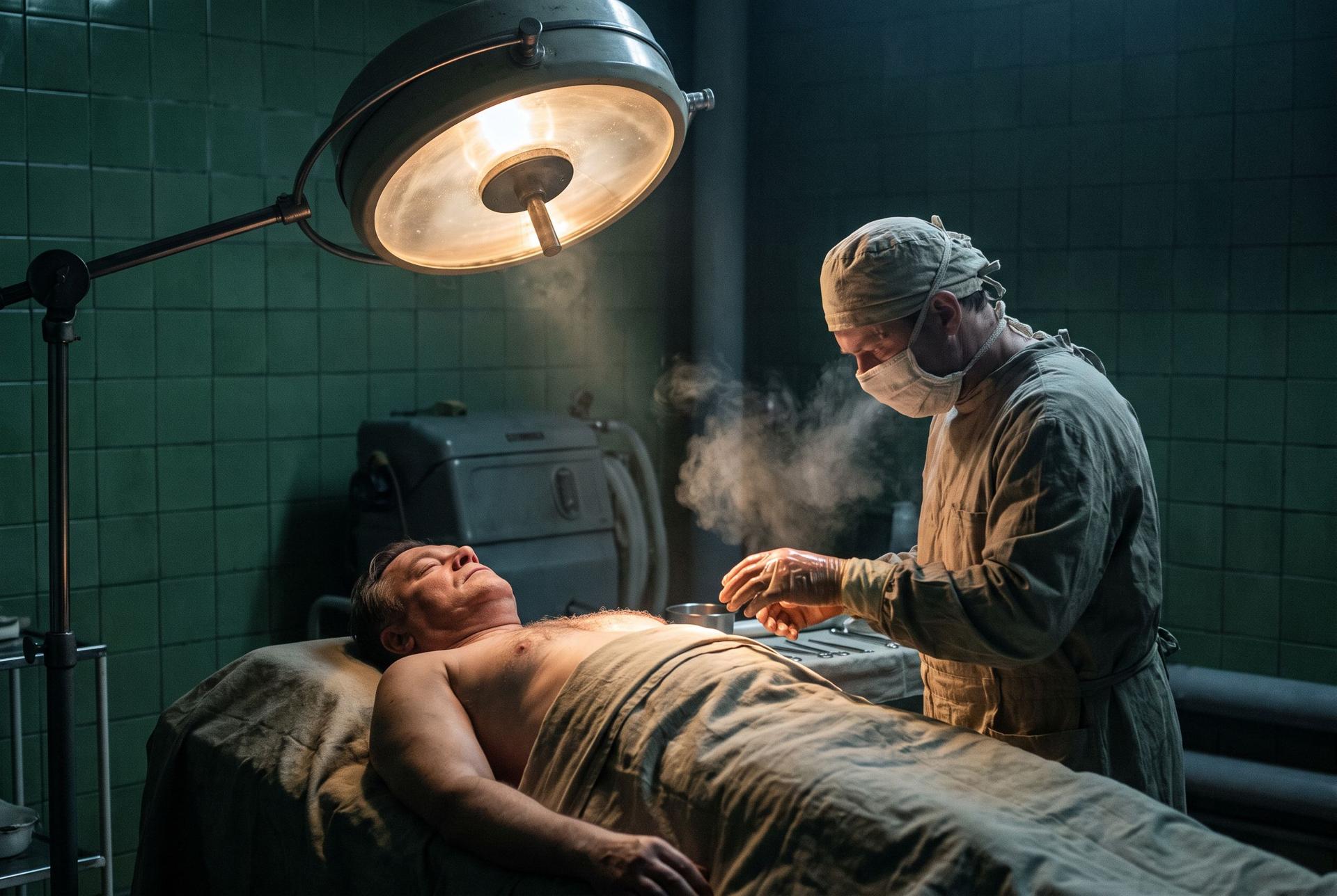 A surgeon leans over a broad-faced man on an operating table under a hard lamp, Moscow 1966