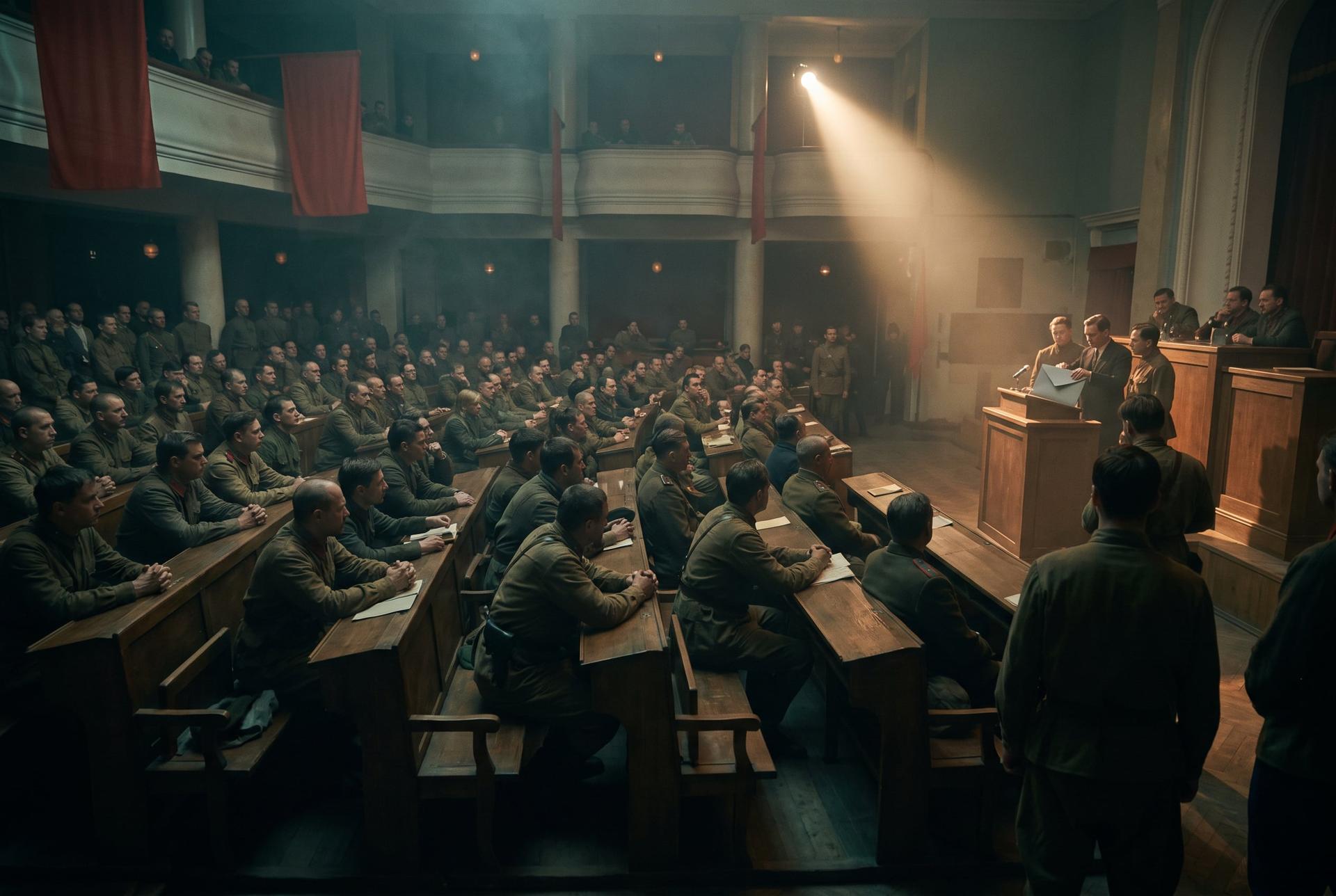 Delegates in a smoky congress hall lean forward as a sealed envelope is opened at the rostrum, Moscow 1924