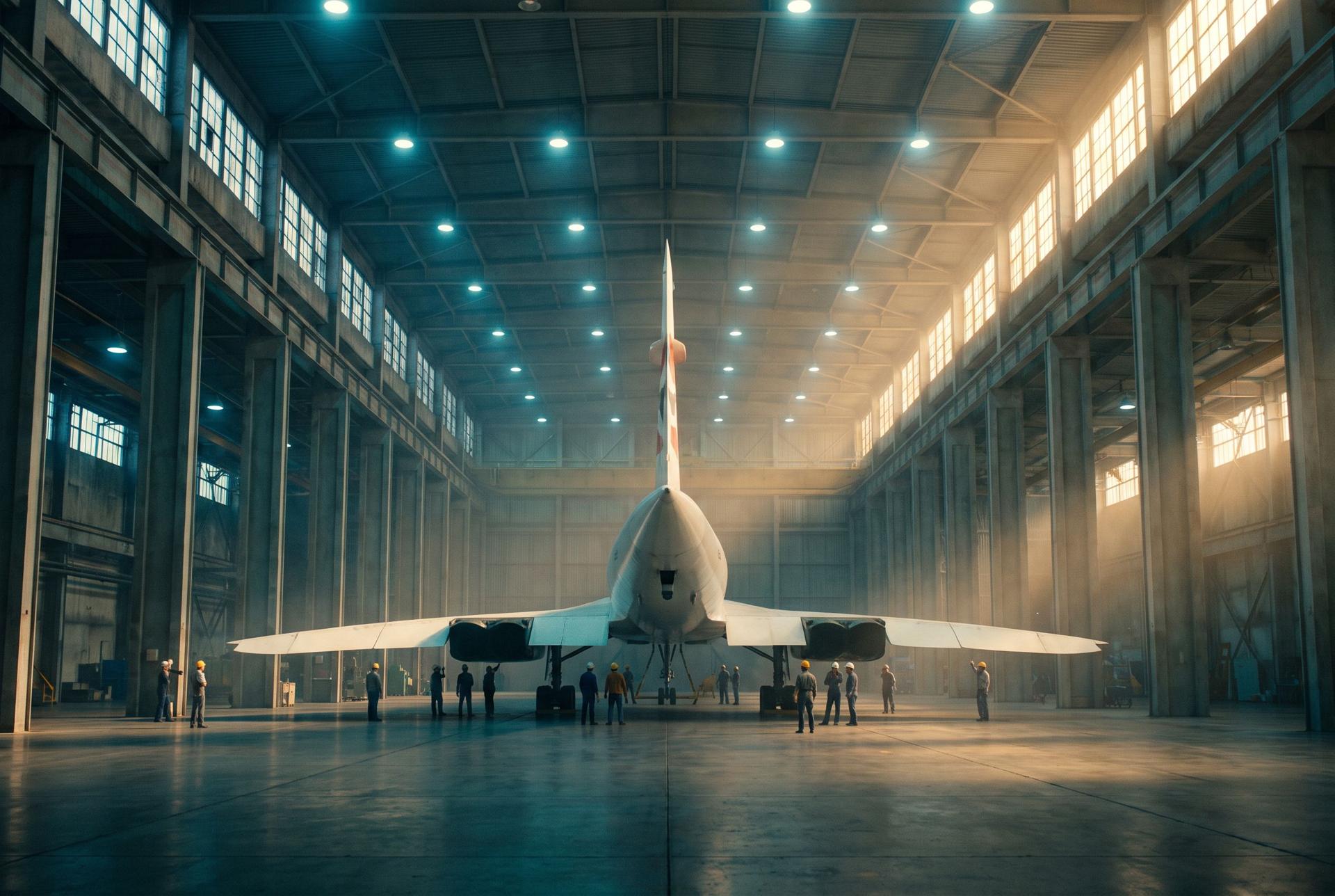 A nearly finished white supersonic delta airliner in a floodlit 1970s assembly hall at dawn, engineers tiny beneath its wing