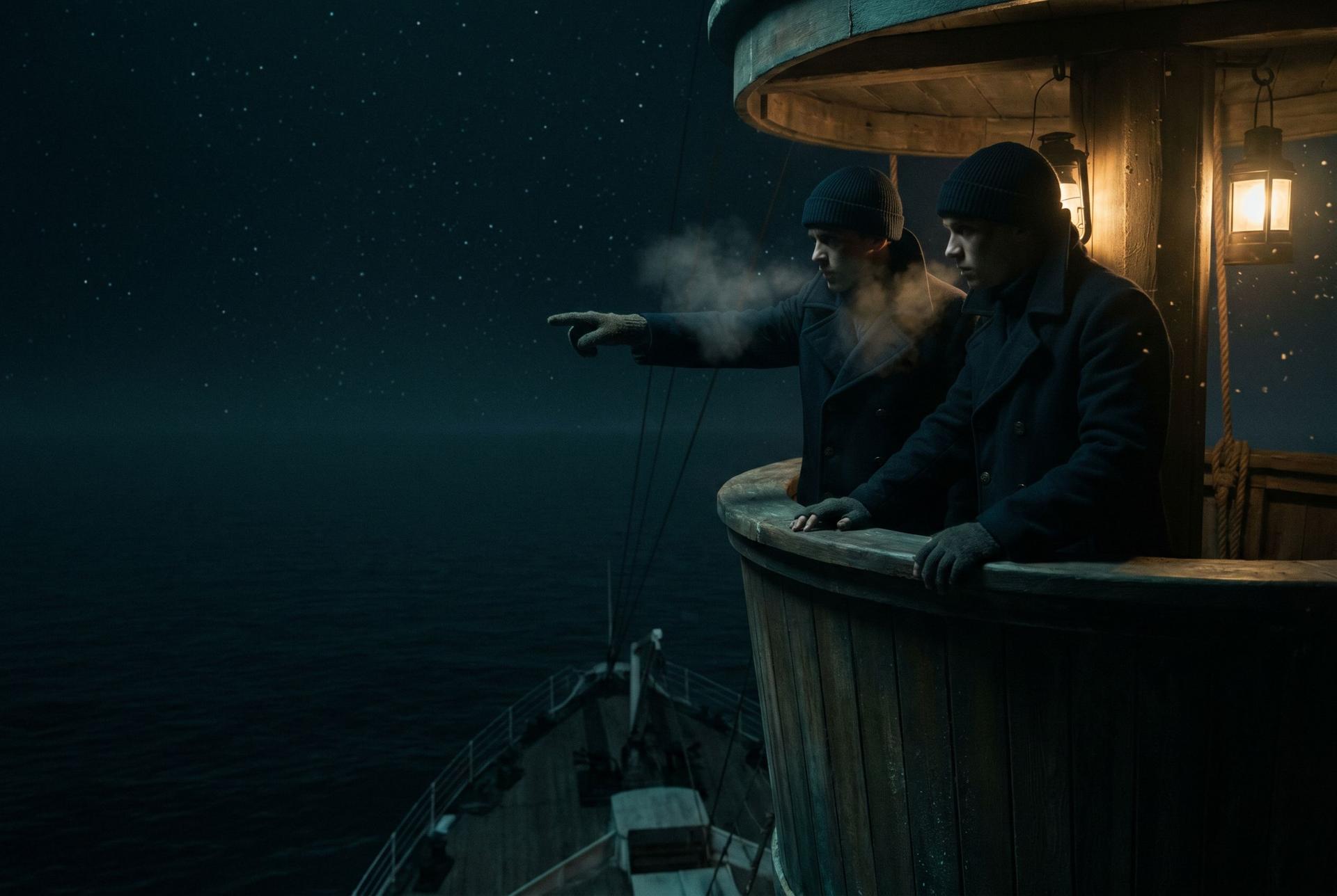 Two lookouts in the crow’s nest of an ocean liner on a moonless night, breath steaming