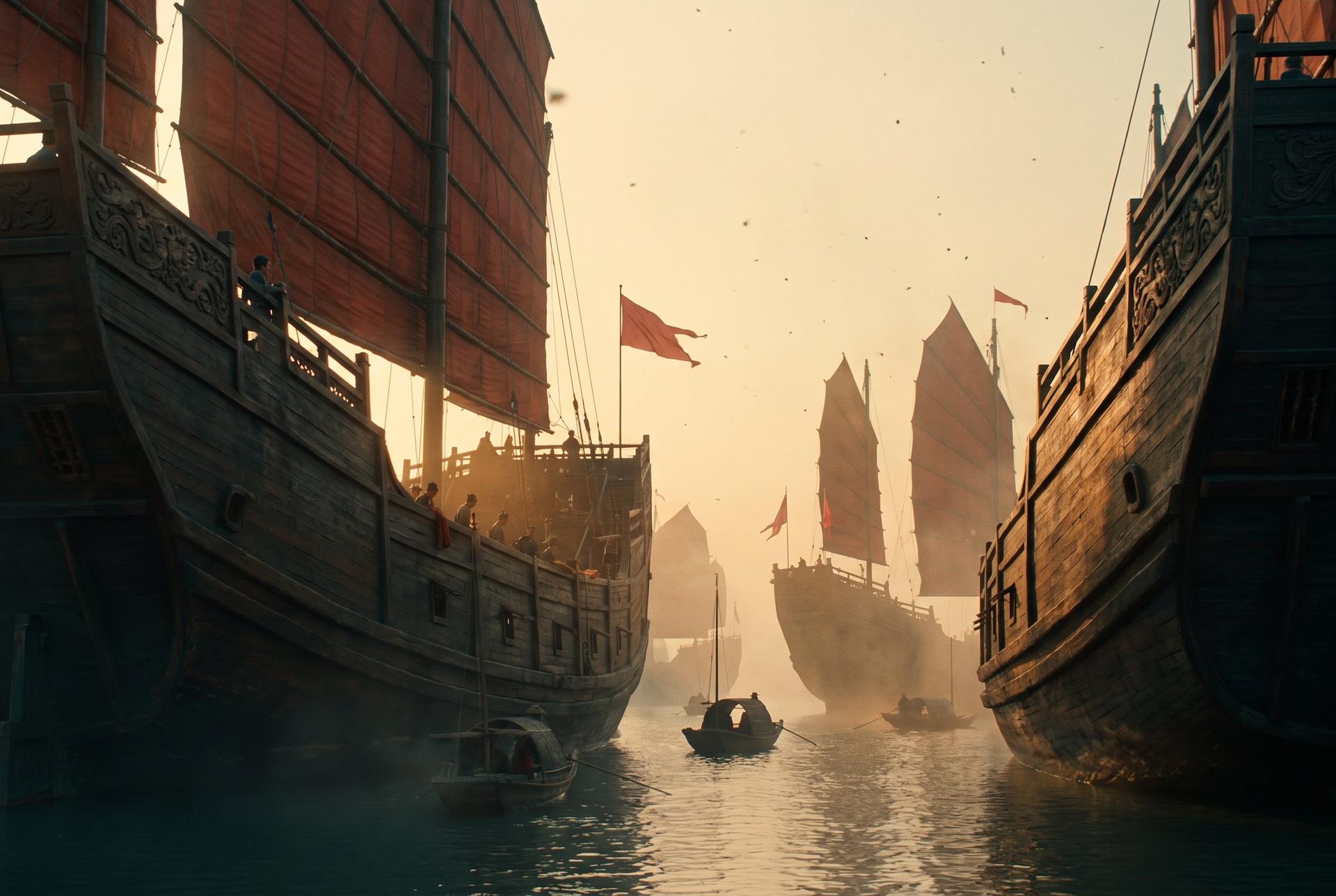Great Ming treasure junks with red batten sails crowd a river anchorage at dawn, 15th century