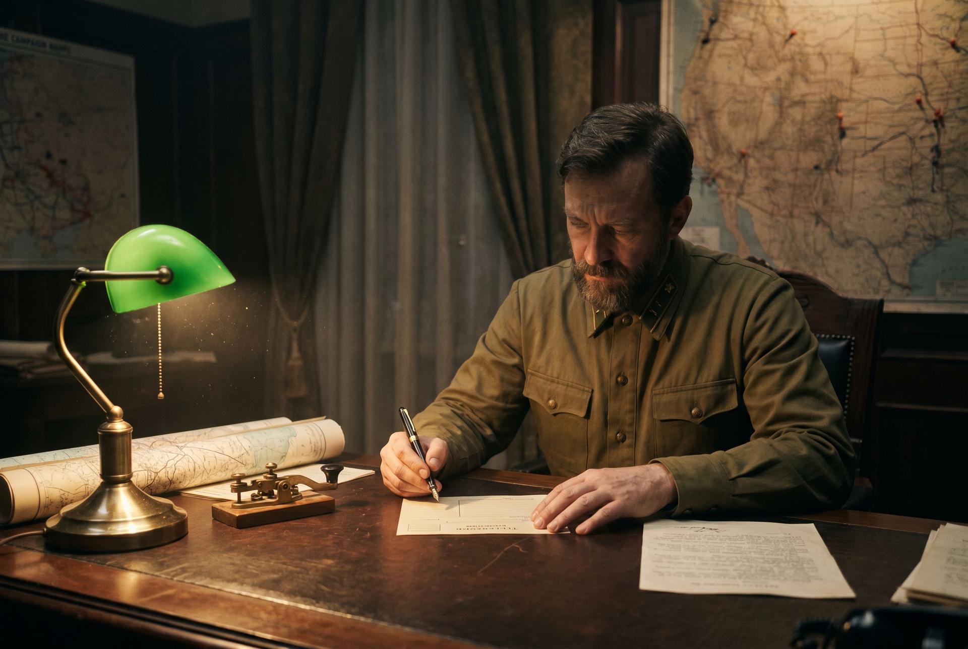 A weary bearded officer in a khaki tunic signing a telegraph form at a lamplit desk, a second paper pushed aside