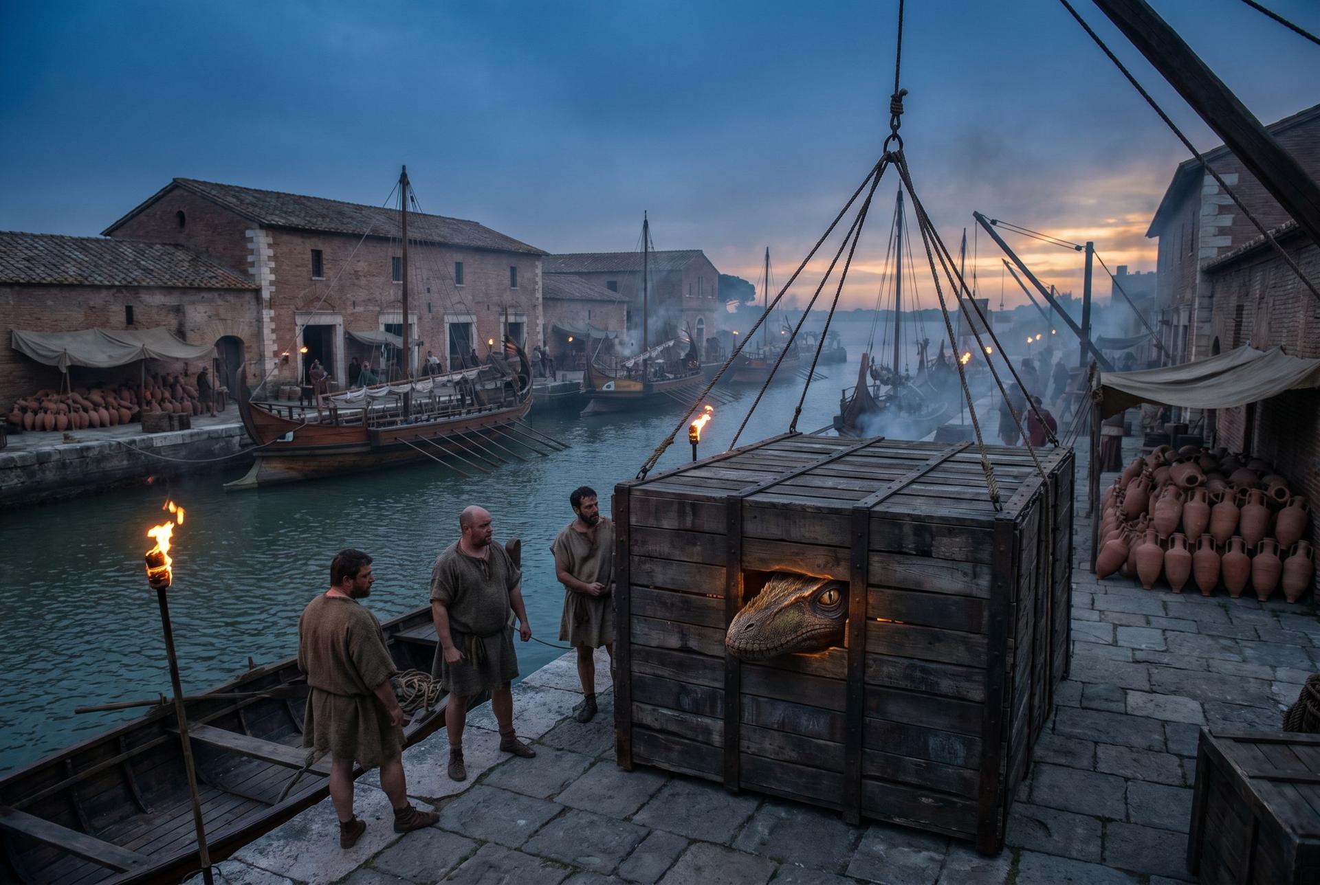 A colossal reinforced timber crate on the stone quay of Ostia at dusk, dockworkers frozen and silent