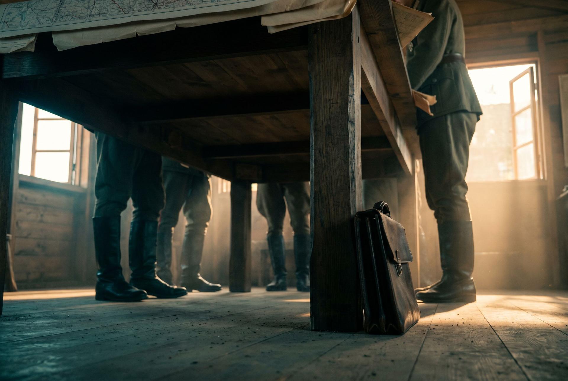 A worn leather briefcase standing under a wooden map table against a massive oak plinth, officers’ boots crowded around