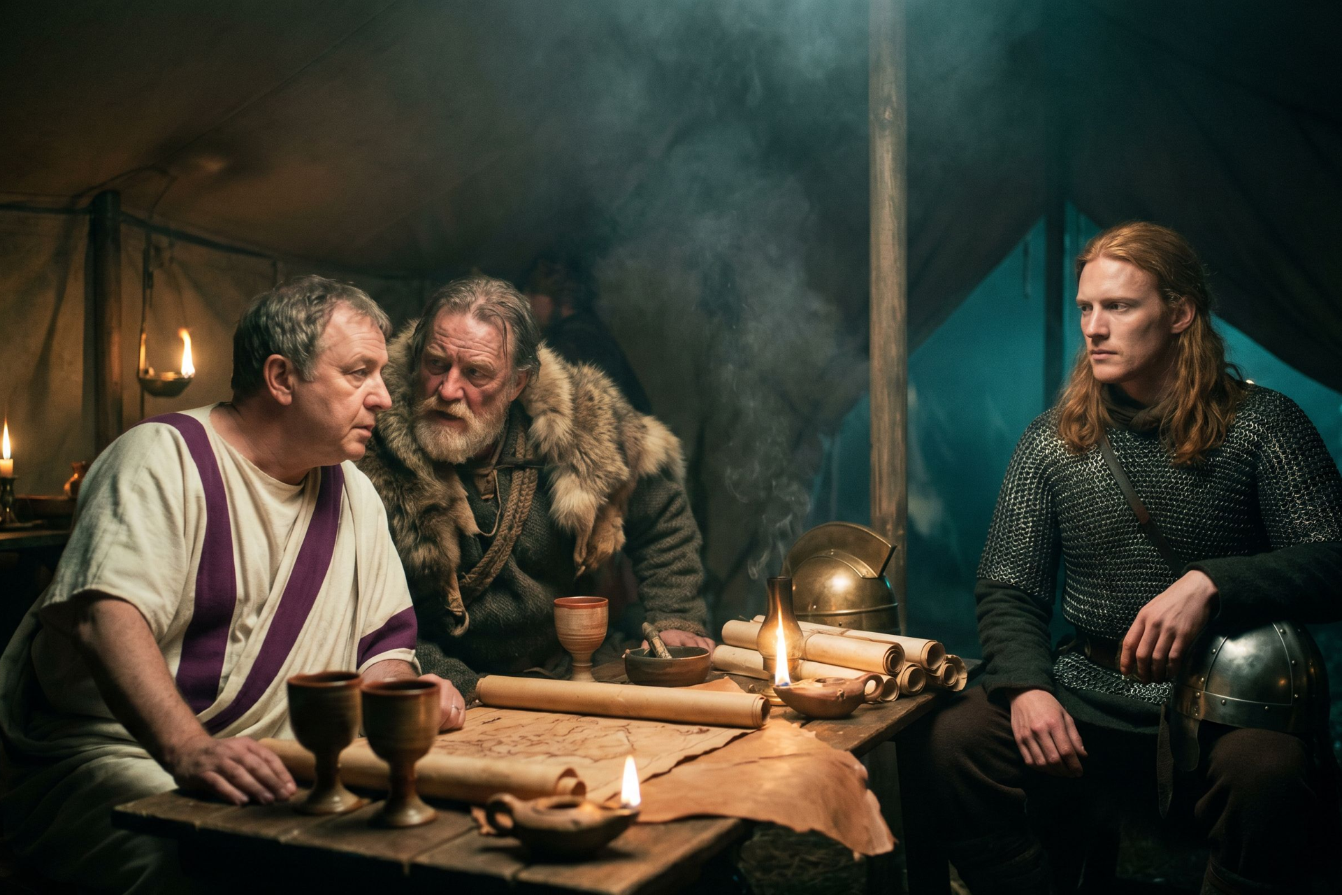 A Roman governor at a lamplit camp table as a Germanic noble leans close in warning