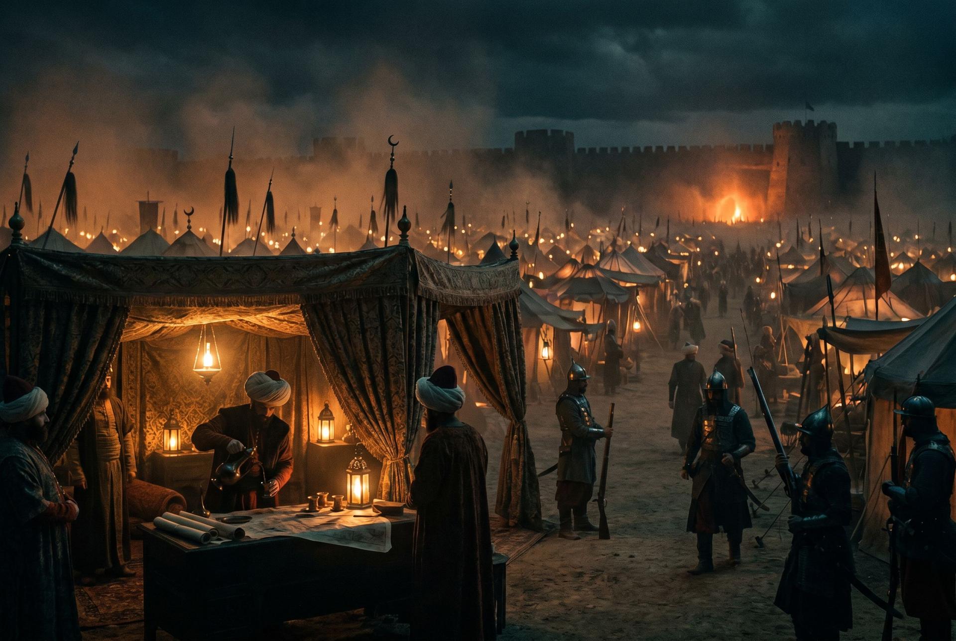 An Ottoman siege camp at night, lanterns and banners, a mine glow beneath a bastion