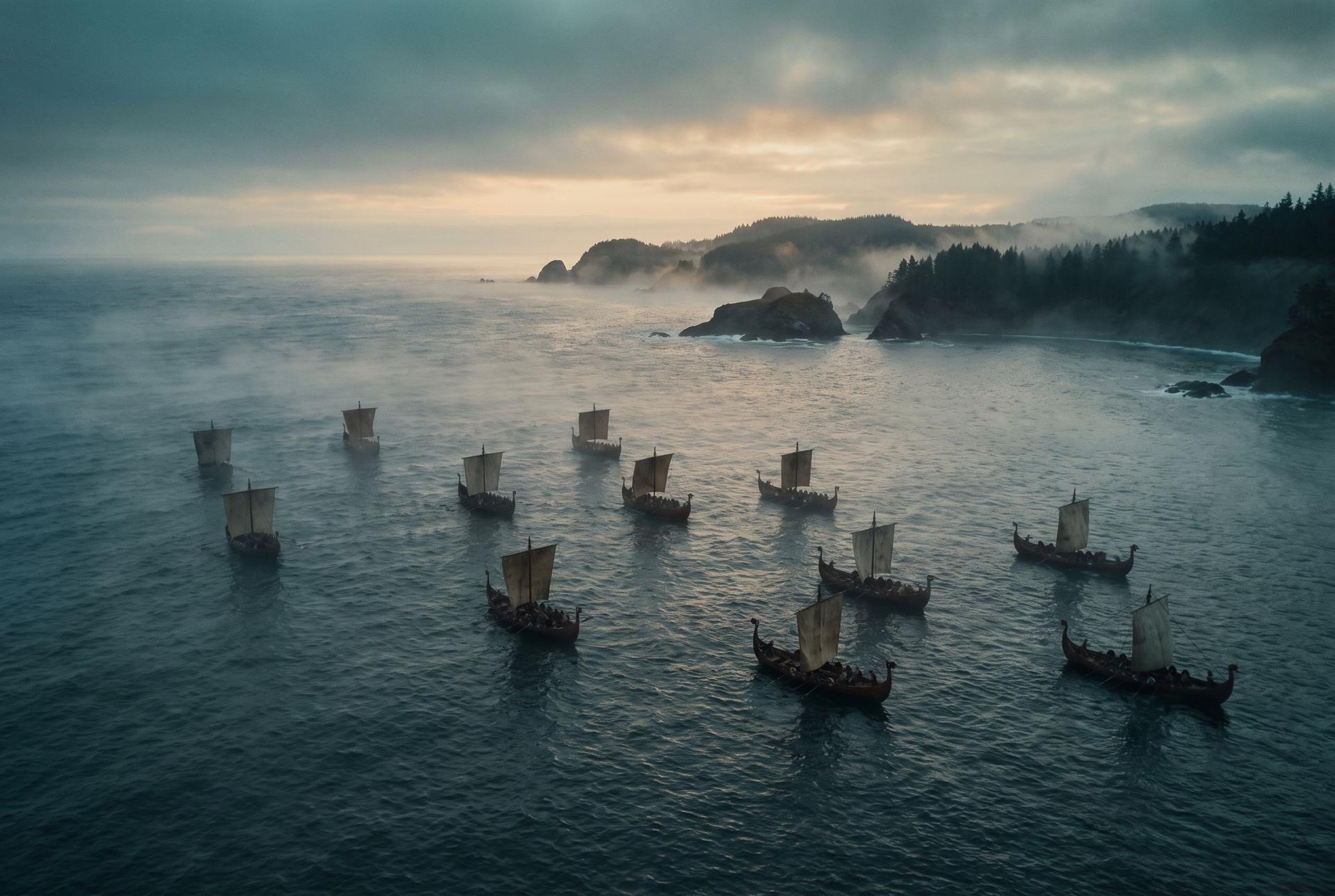 A fleet of Norse longships crossing a vast grey sea toward a wild forested coast at dawn