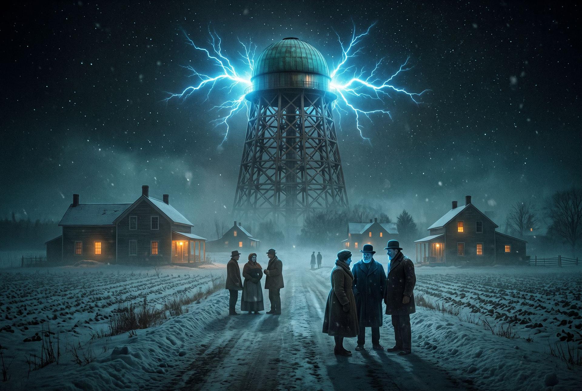 A 187-foot lattice tower crowned by a vast copper dome throwing electric-blue fire into a winter night over a Long Island hamlet.