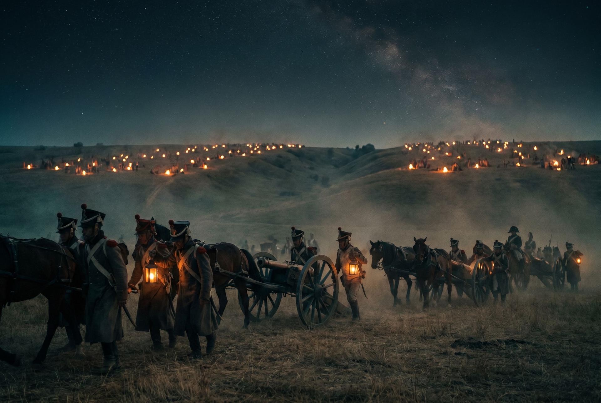 Campfires and stars over a dry Belgian ridge at night, gun teams moving on firm ground