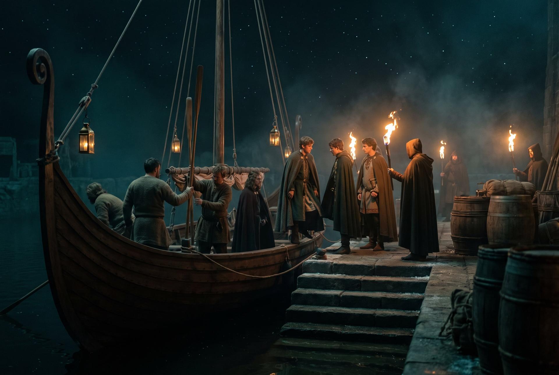 A sleek longship with lanterns waits at a torchlit Norman quay as young nobles board, 1120