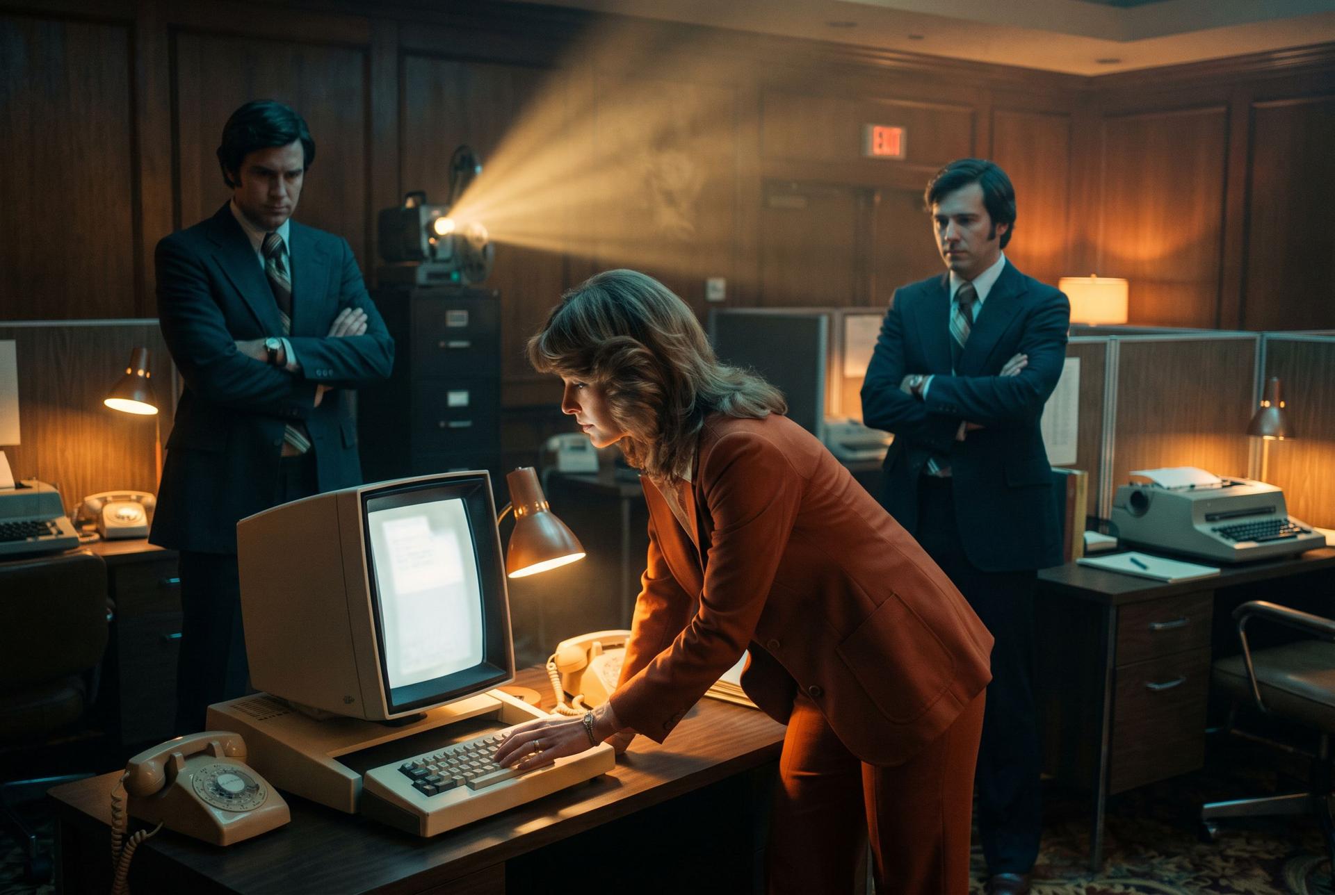 A woman in a 1977 pantsuit leans toward a glowing upright computer screen on a mock office desk while suited executives stand back with arms crossed.