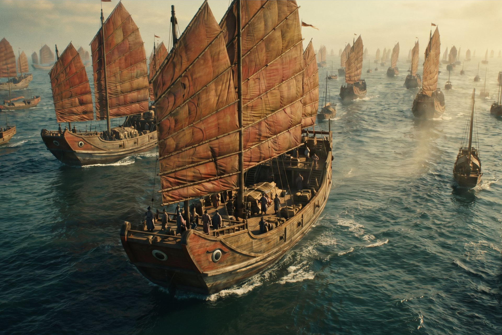 The Ming treasure fleet mid-ocean, colossal nine-masted junks in golden afternoon light