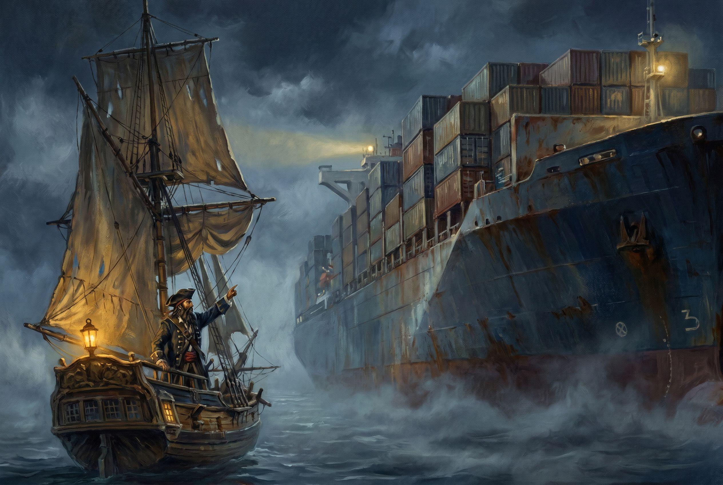 Blackbeard’s sloop beside a towering modern container ship in fog
