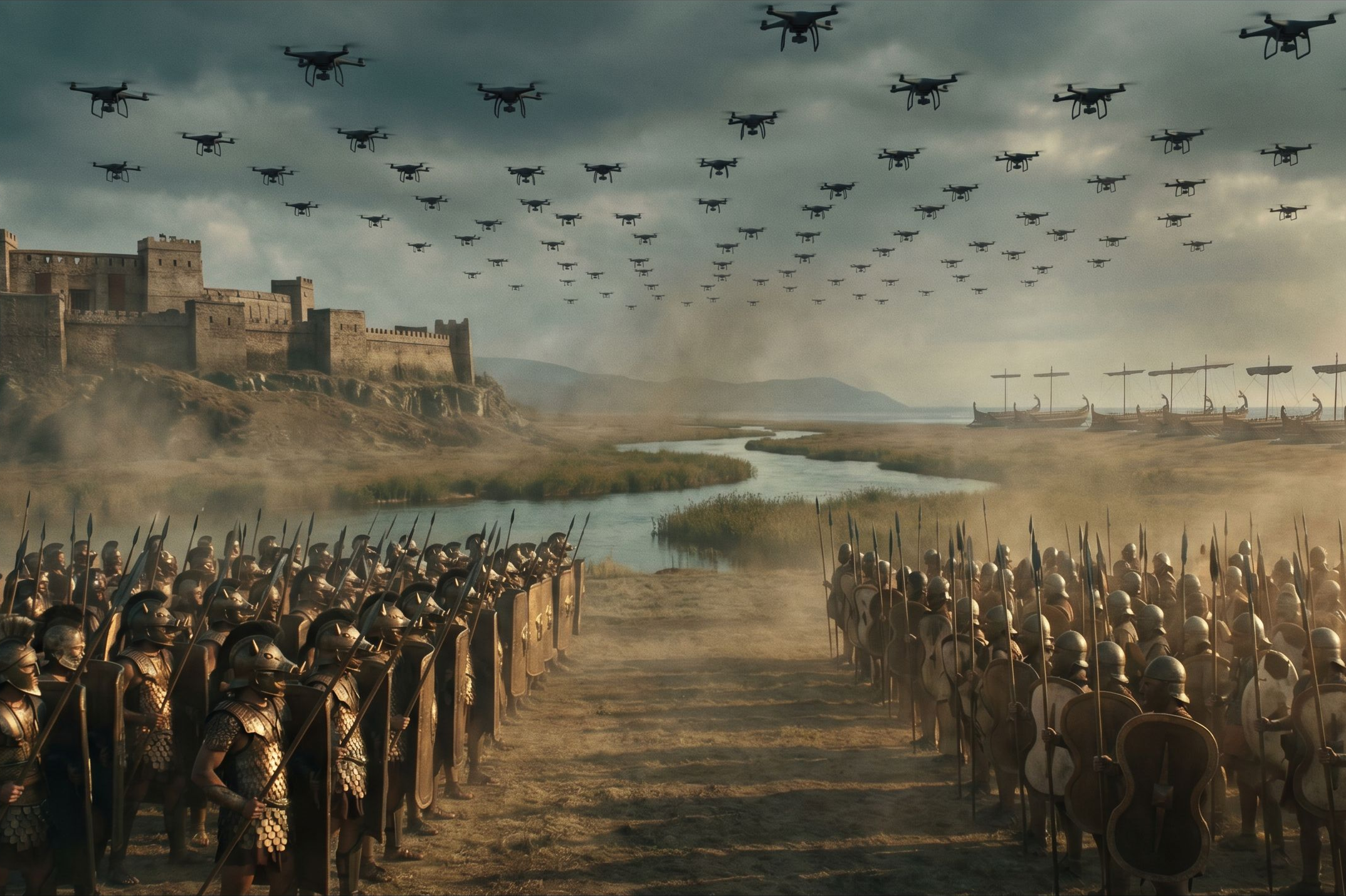 Two Bronze Age armies drawn up at dawn on a river plain while the sky between them glitters with small dark machines