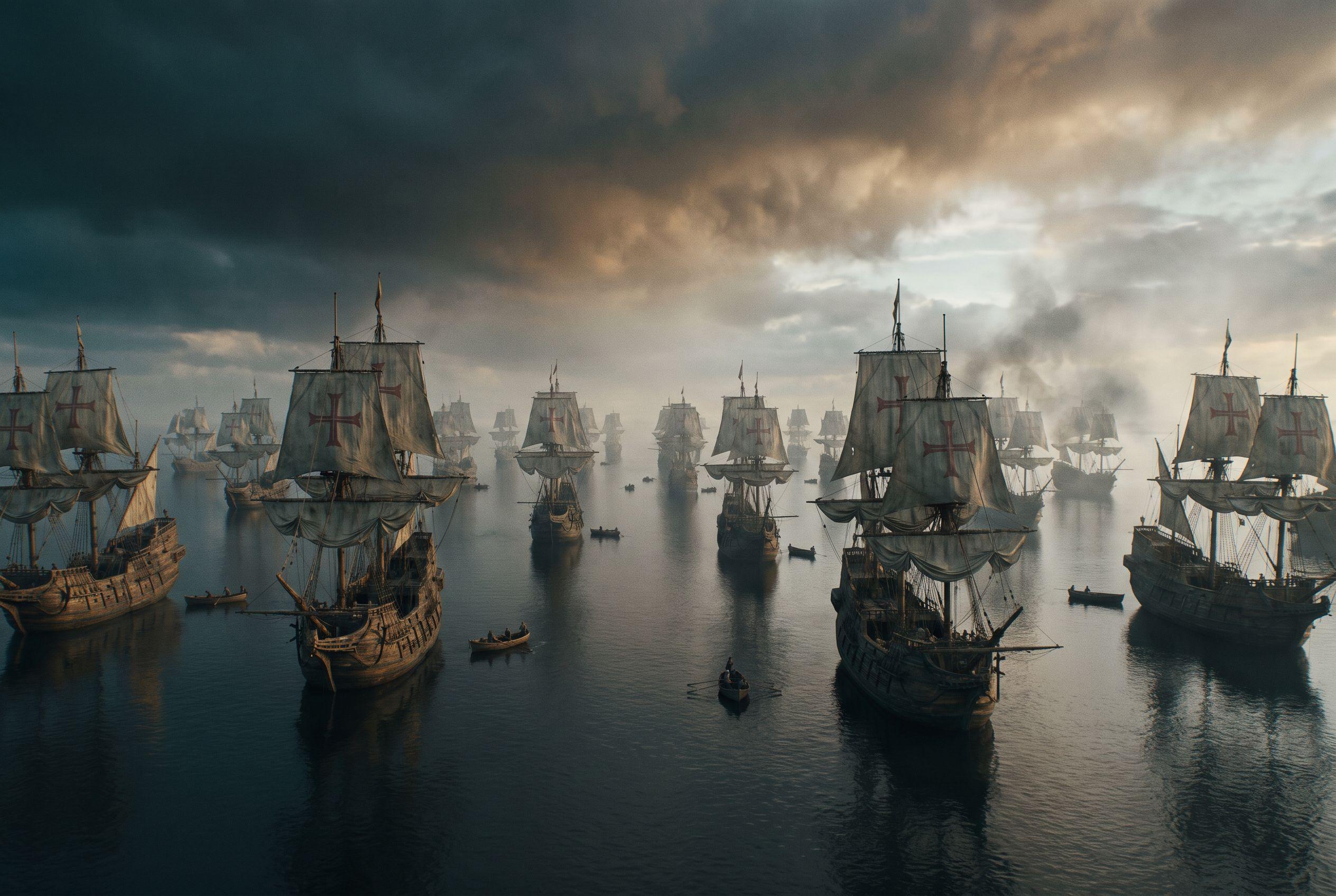 A vast fleet of Spanish galleons becalmed on a mirror-flat sea at dawn, sails hanging dead under a bruised sky