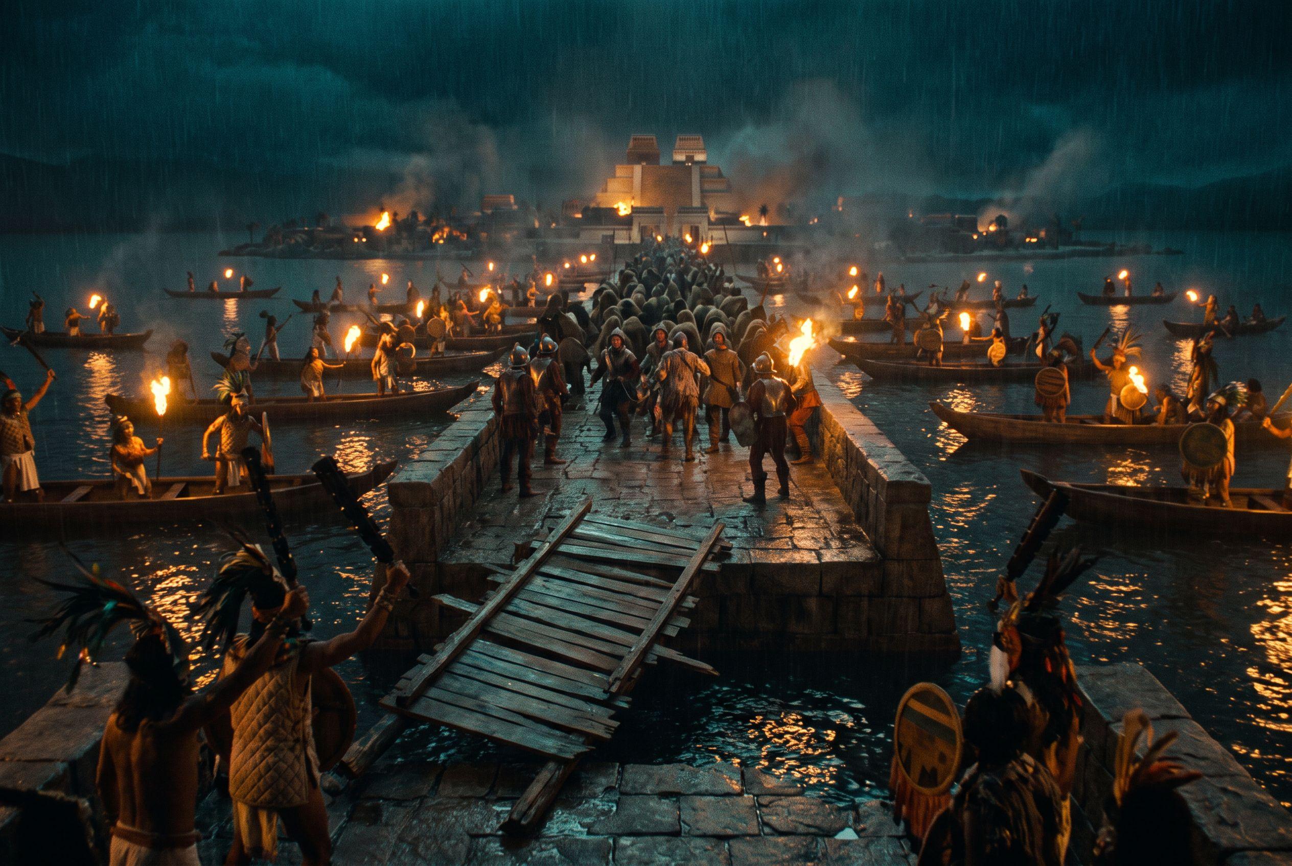 War canoes with torches close on a stone causeway over a black lake at night, the Great Temple lit beyond, 1520
