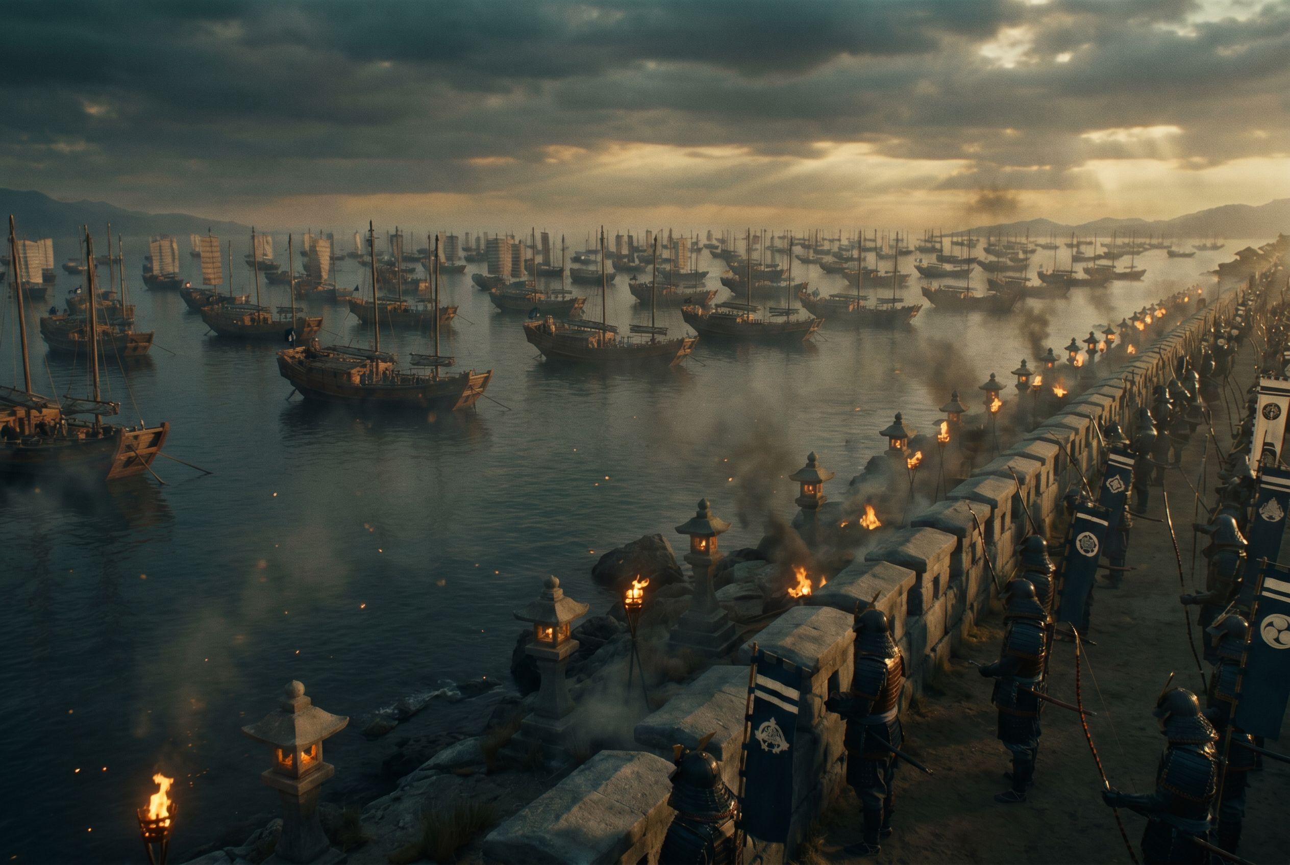 An immense medieval fleet at anchor in a bay under a clear evening sky, a long stone wall on the shore