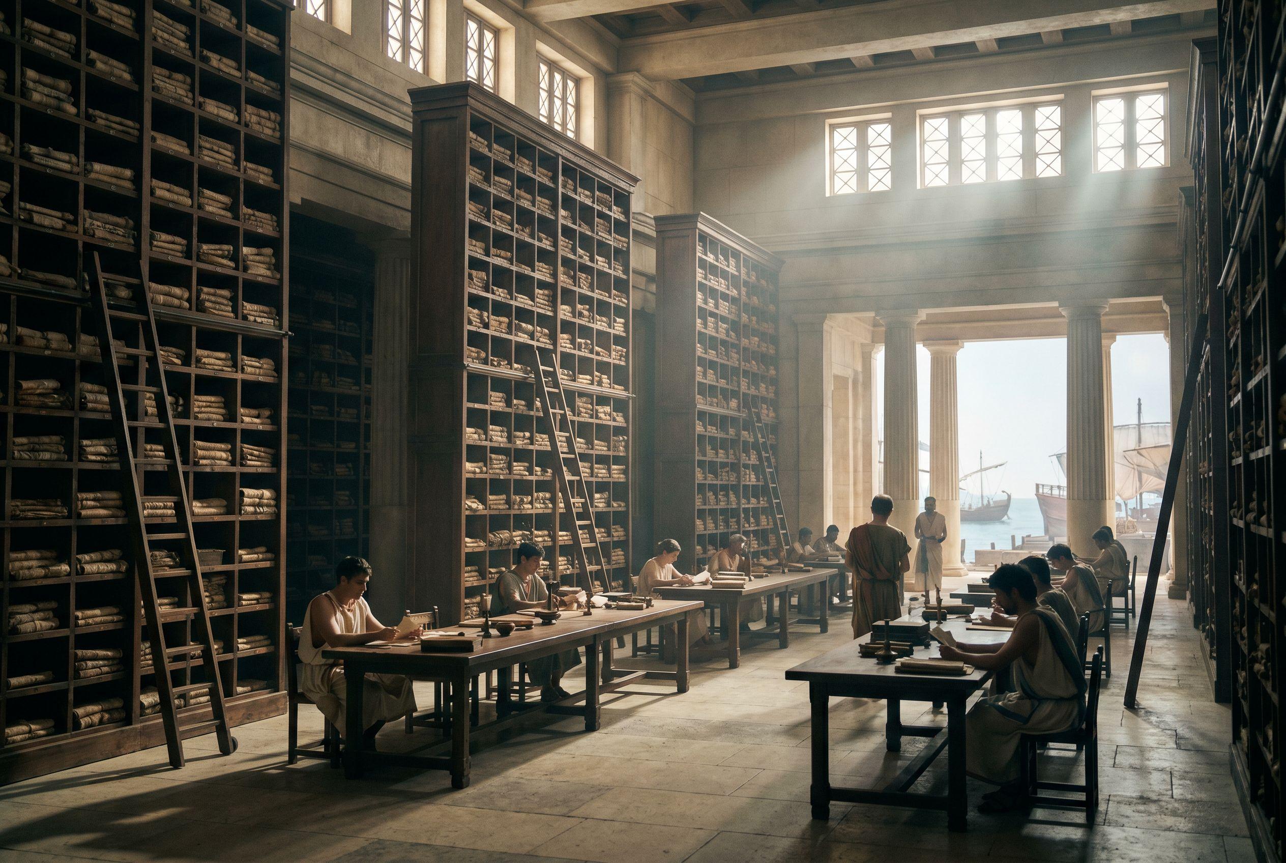 The Great Library at its height: cliffs of scroll racks, scholars at long tables