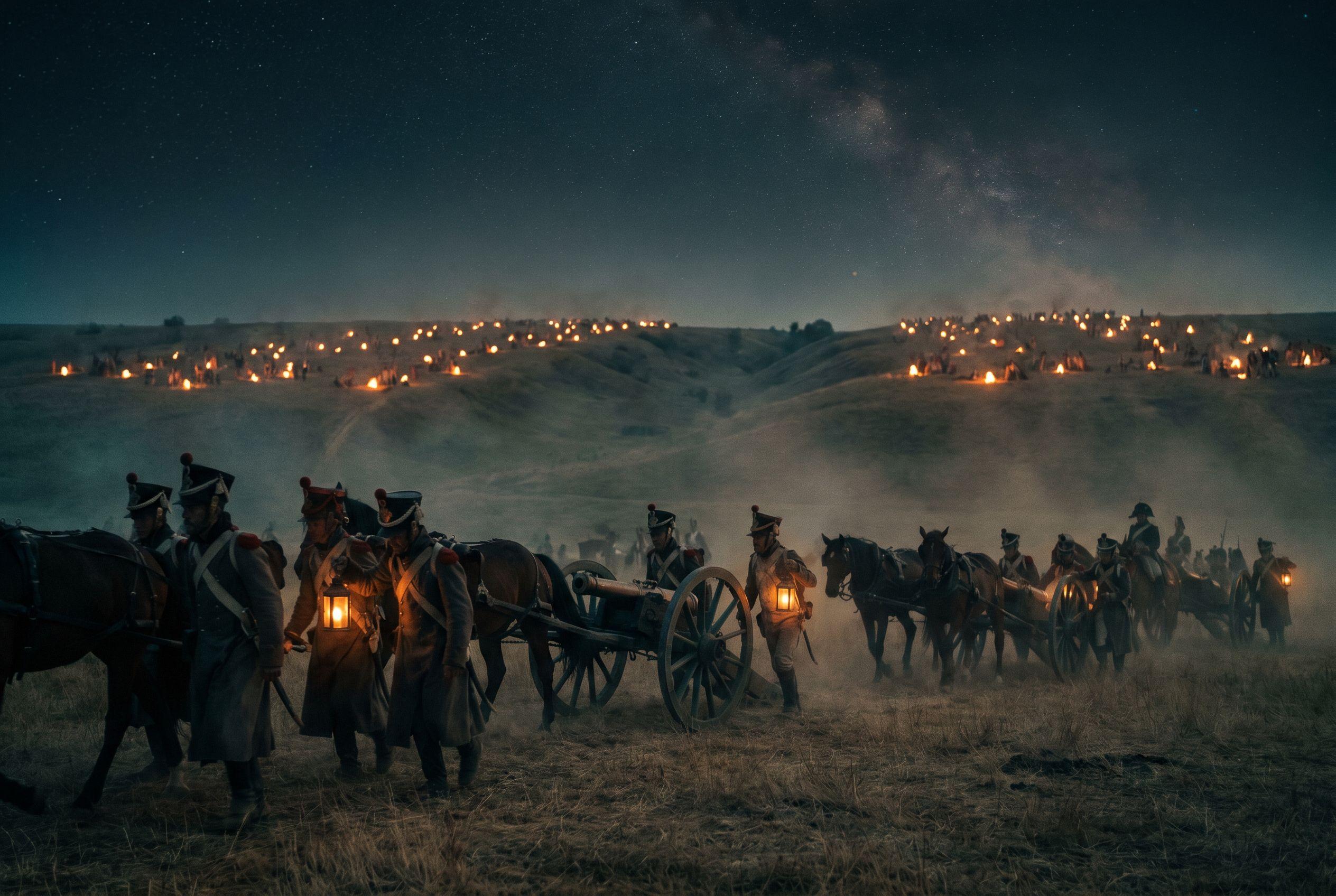 Campfires and stars over a dry Belgian ridge at night, gun teams moving on firm ground